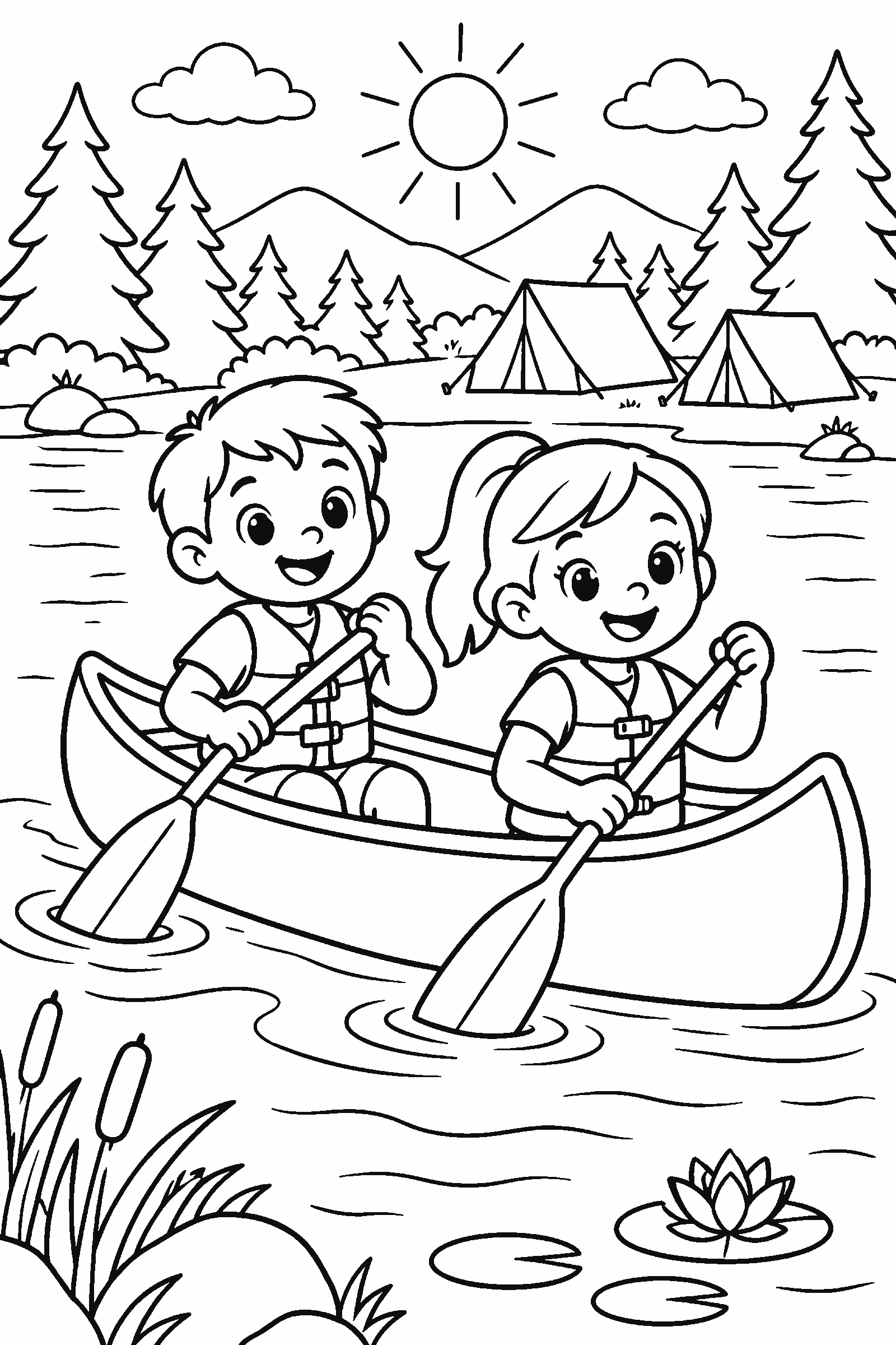 Coloring page of kids canoeing on a lake at summer camp with tents and pine trees