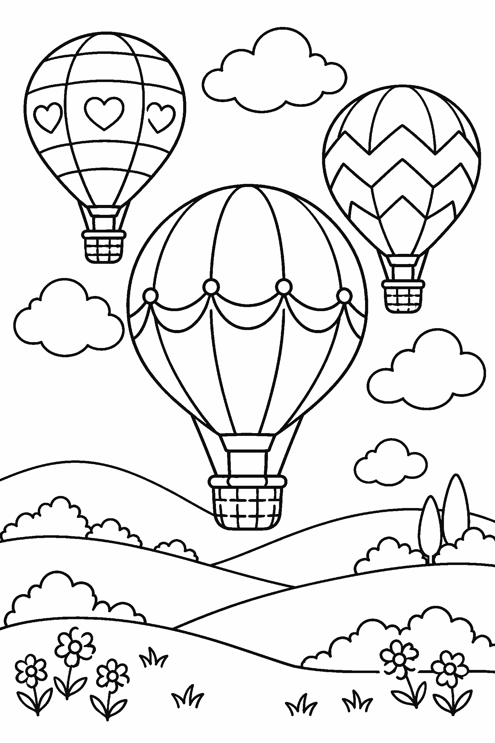 Coloring page of three hot air balloons floating over hills and clouds