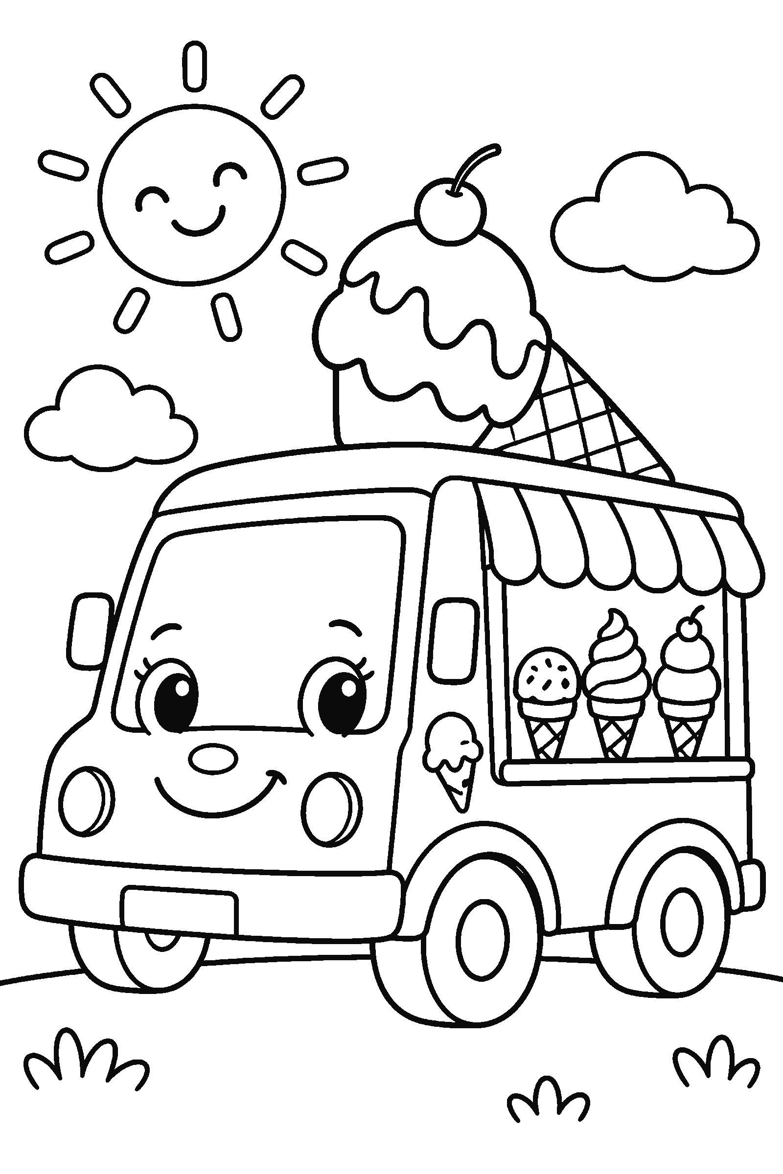 Coloring page of an ice cream truck with ice cream cones and a smiling sun