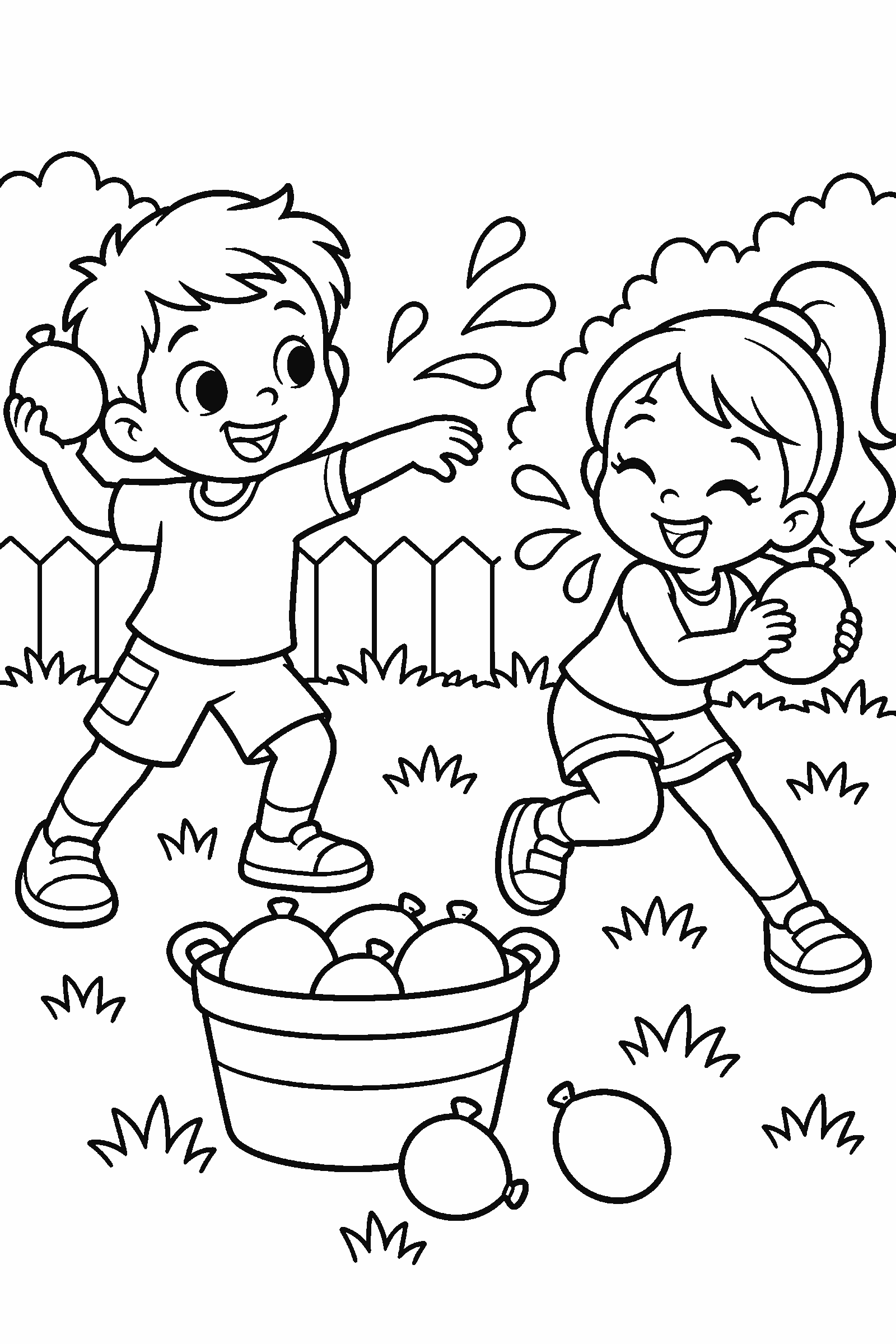 Coloring page of two kids having a water balloon fight in a backyard