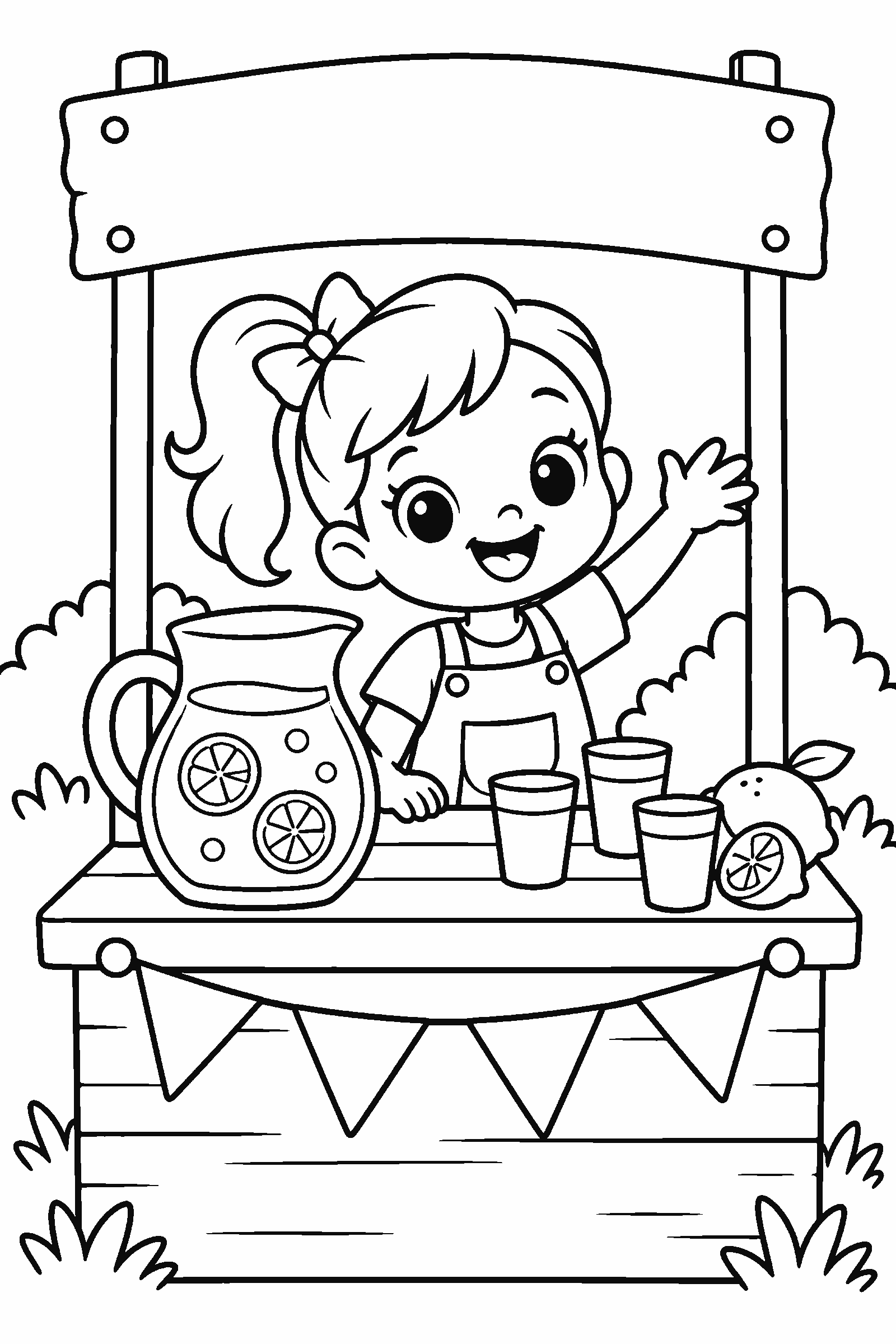 Coloring page of a kid at a lemonade stand with a jug, cups and a sign without letters