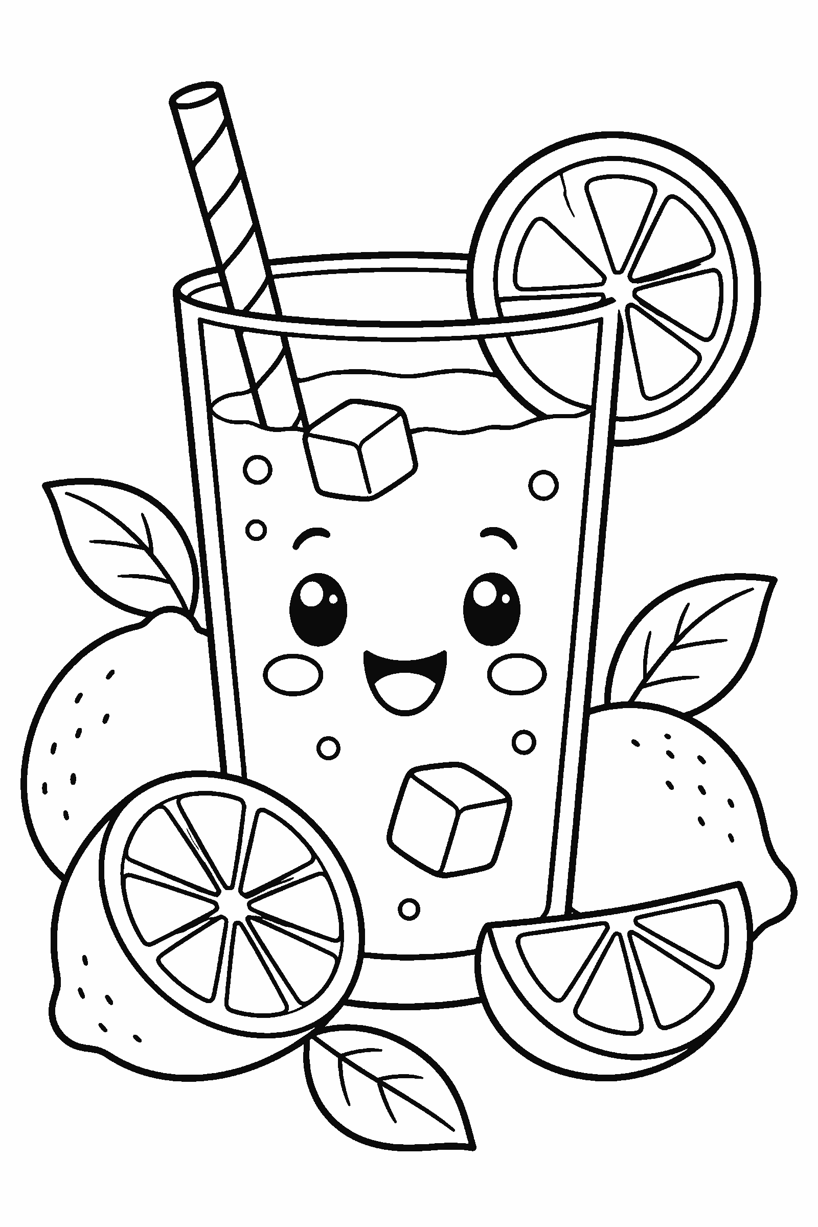 Coloring page of a glass of lemonade with lemons