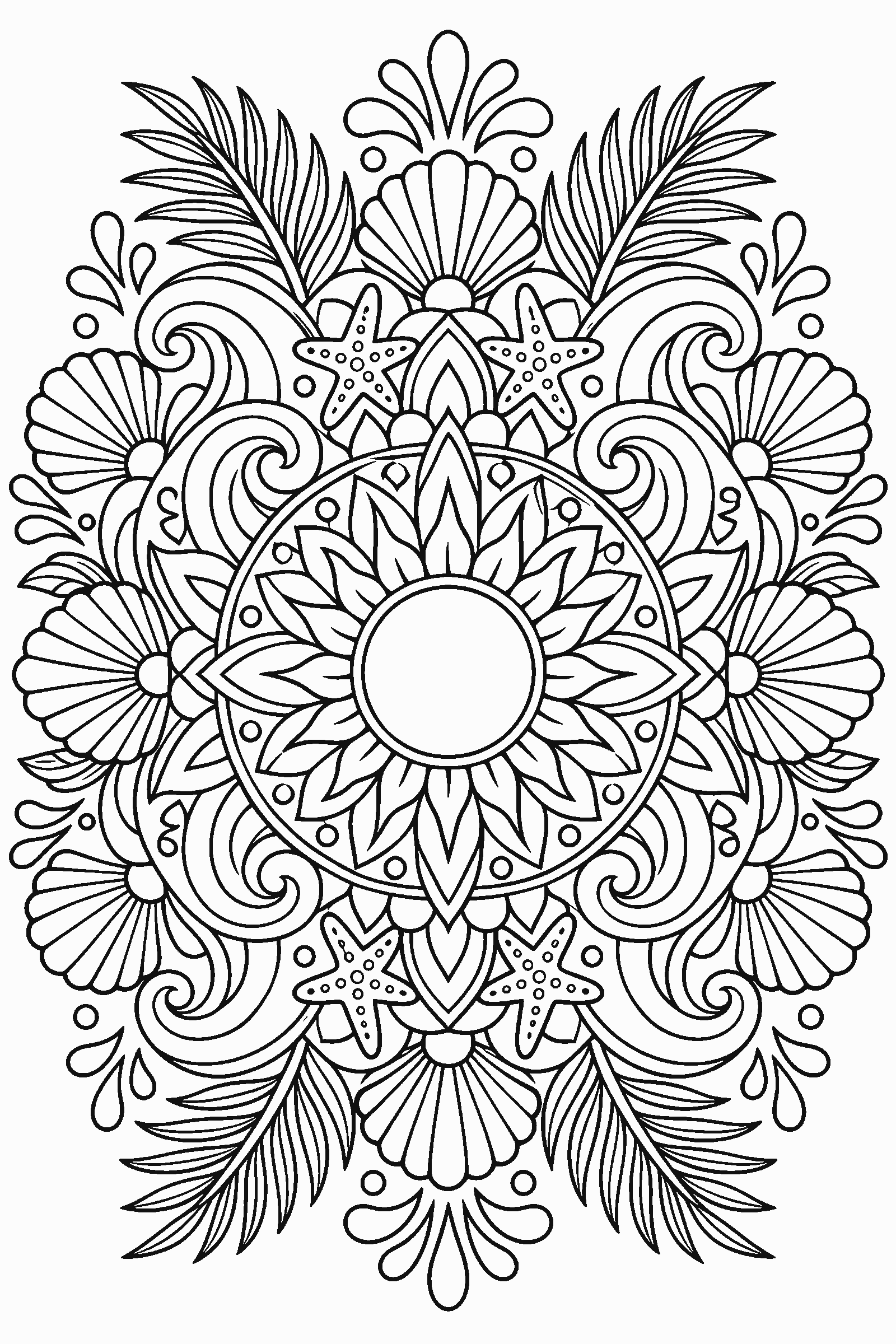 Coloring page of a detailed summer mandala with suns, waves, shells and palm leaves