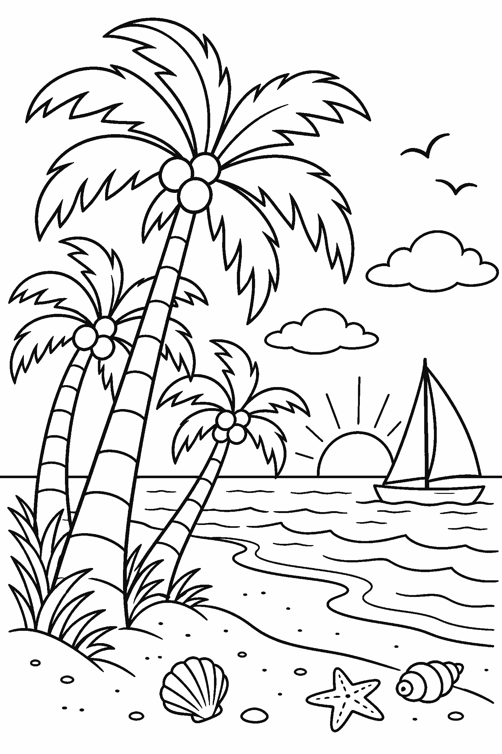 Coloring page of palm trees on a beach with a sailboat and the setting sun
