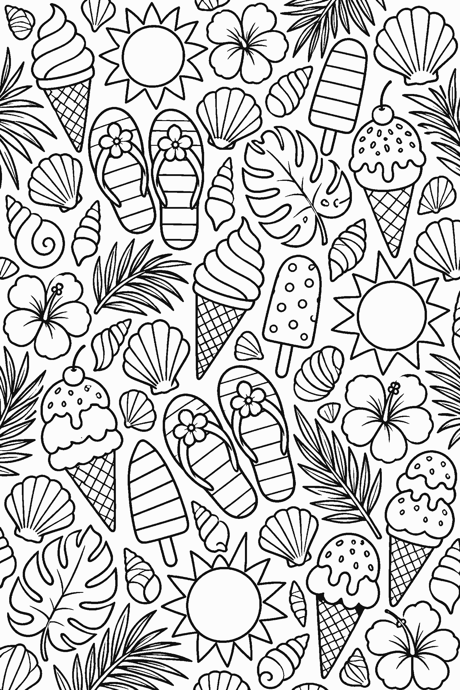 Coloring page of a full-page pattern of ice creams, suns, shells, flip-flops and palm leaves