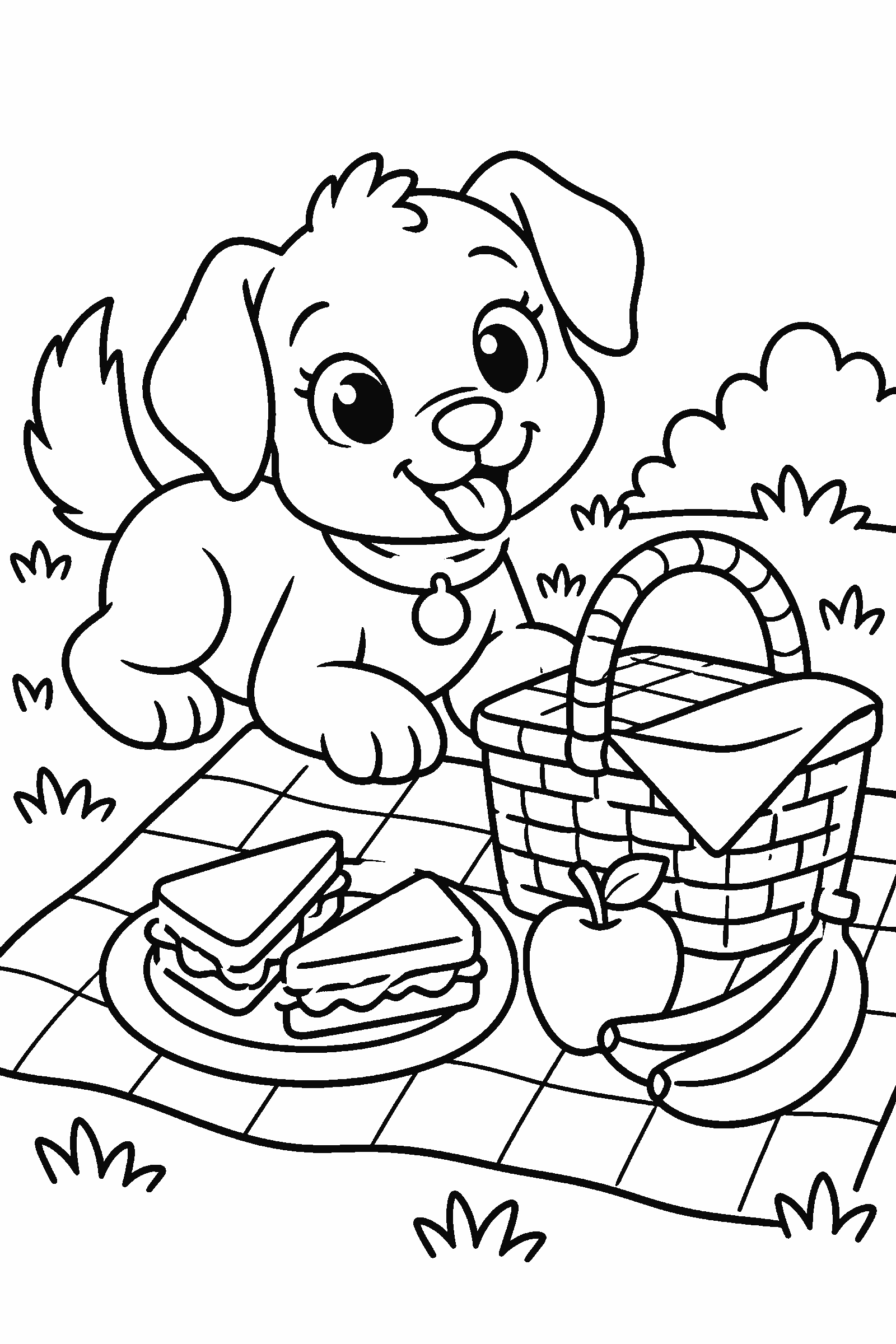 Coloring page of a picnic blanket with a basket, sandwiches, fruit and a dog