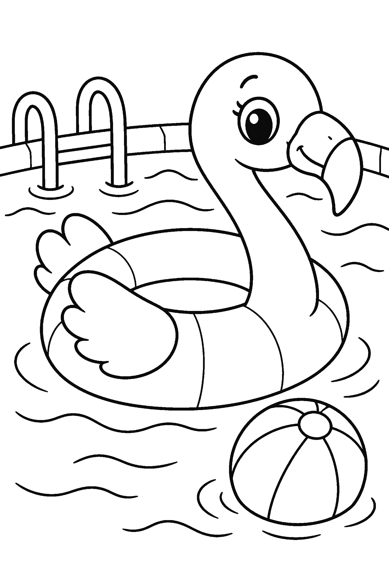 Coloring page of a flamingo pool float in a swimming pool with a beach ball