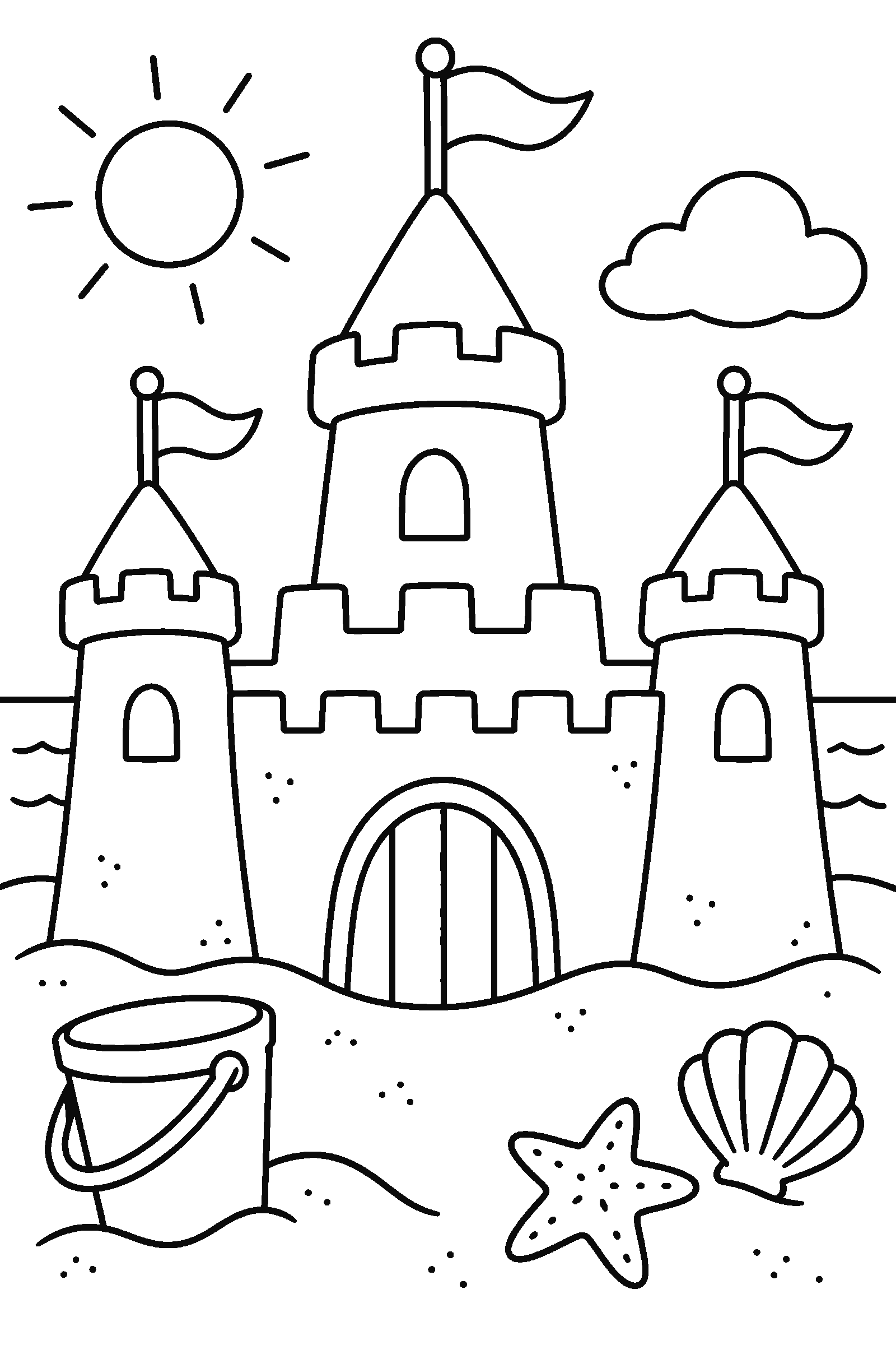 Coloring page of a big sandcastle with flags