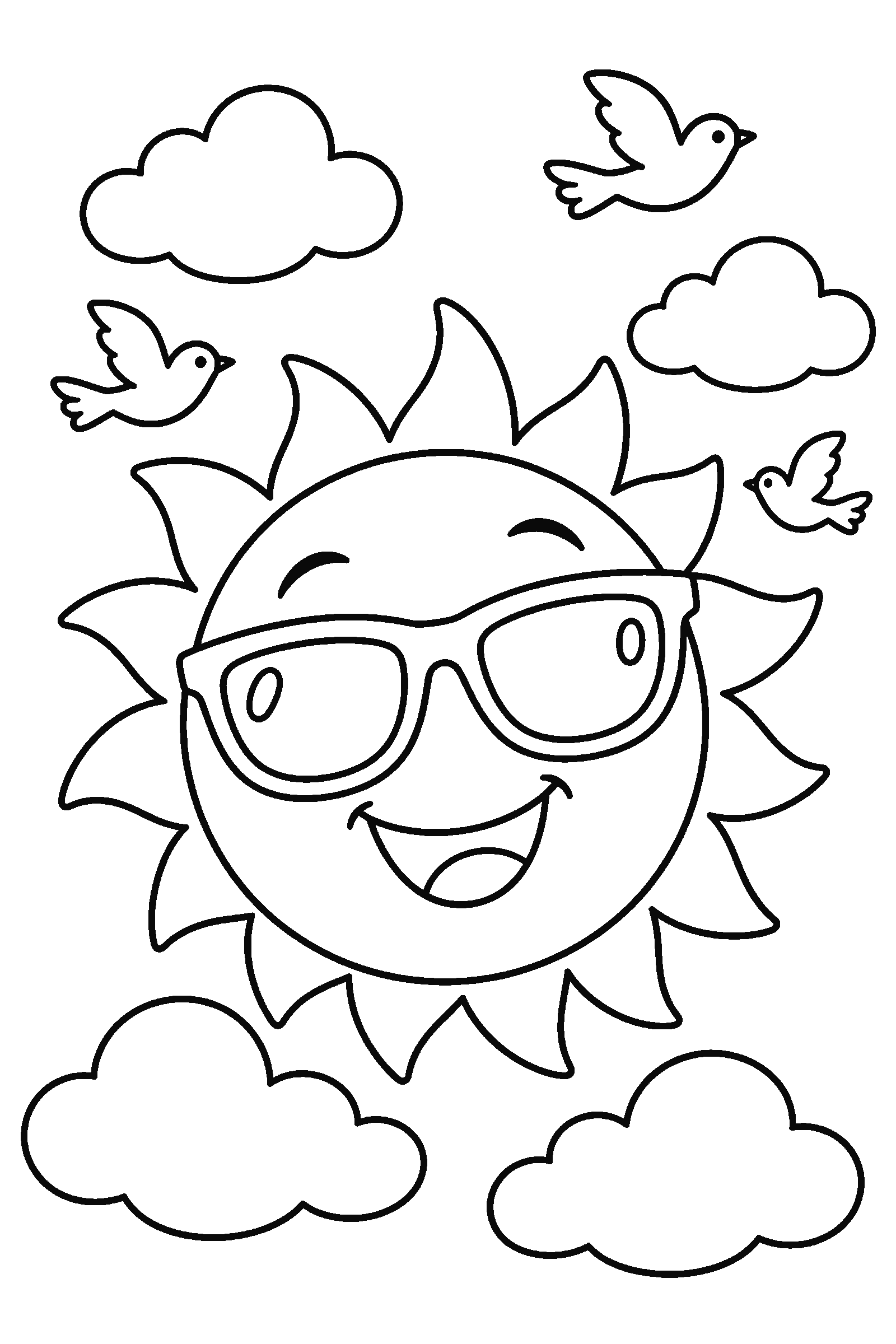 Coloring page of a happy sun wearing sunglasses with clouds and birds