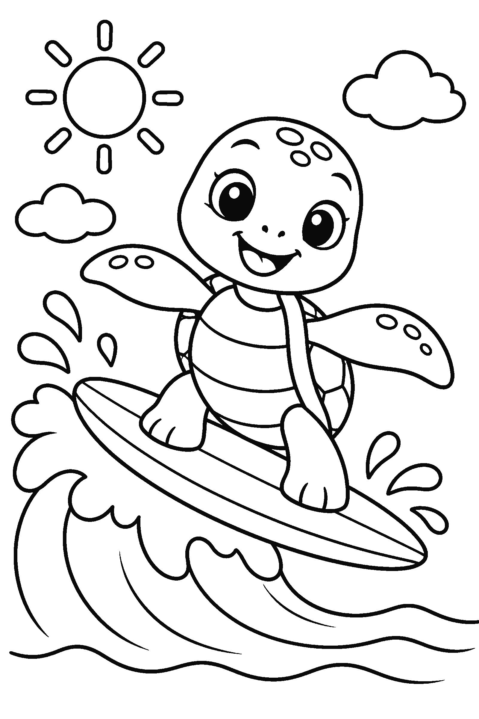 Coloring page of a cute turtle riding a surfboard on a wave