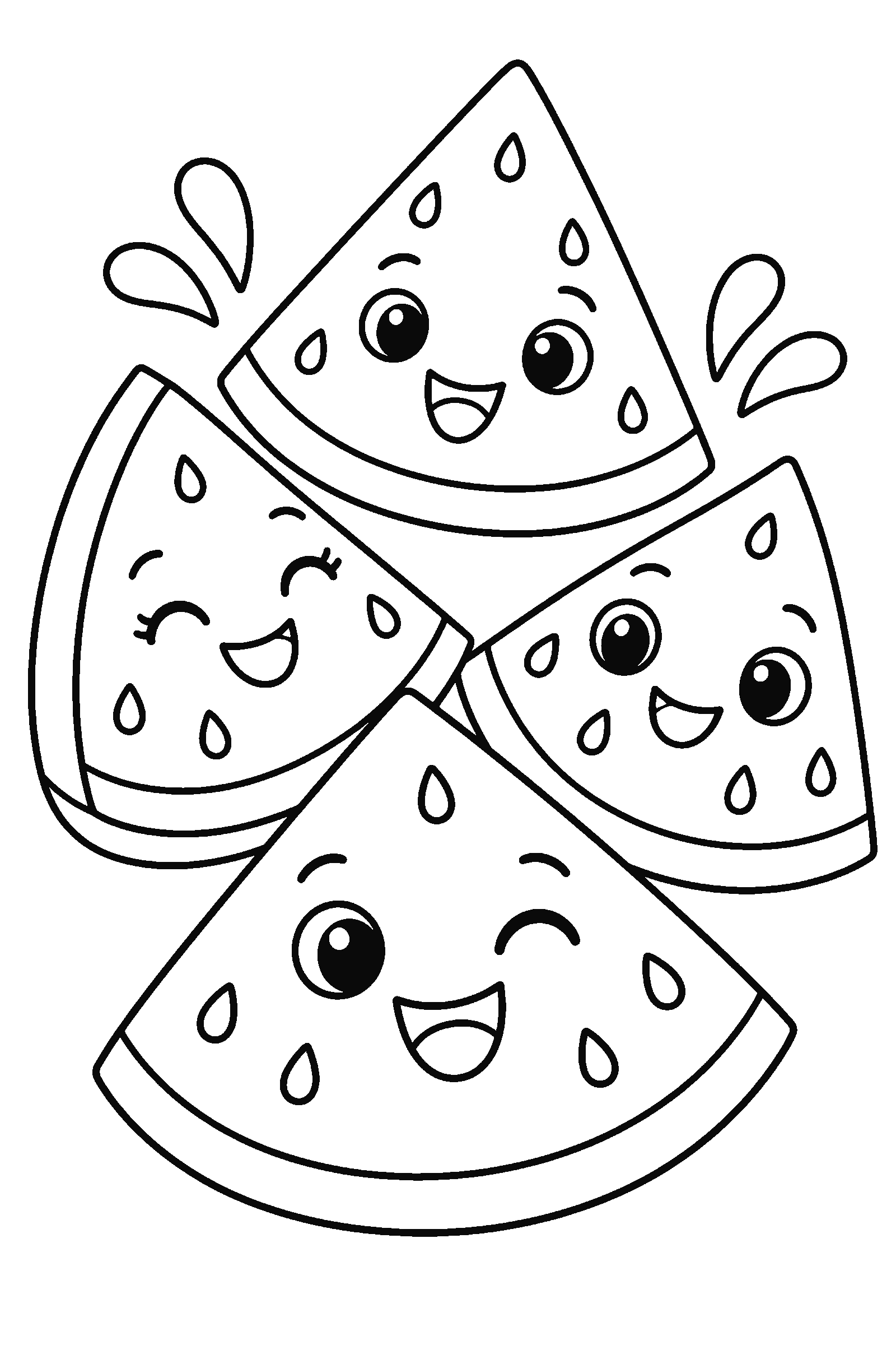 Coloring page of cute watermelon slices with smiling faces and seeds