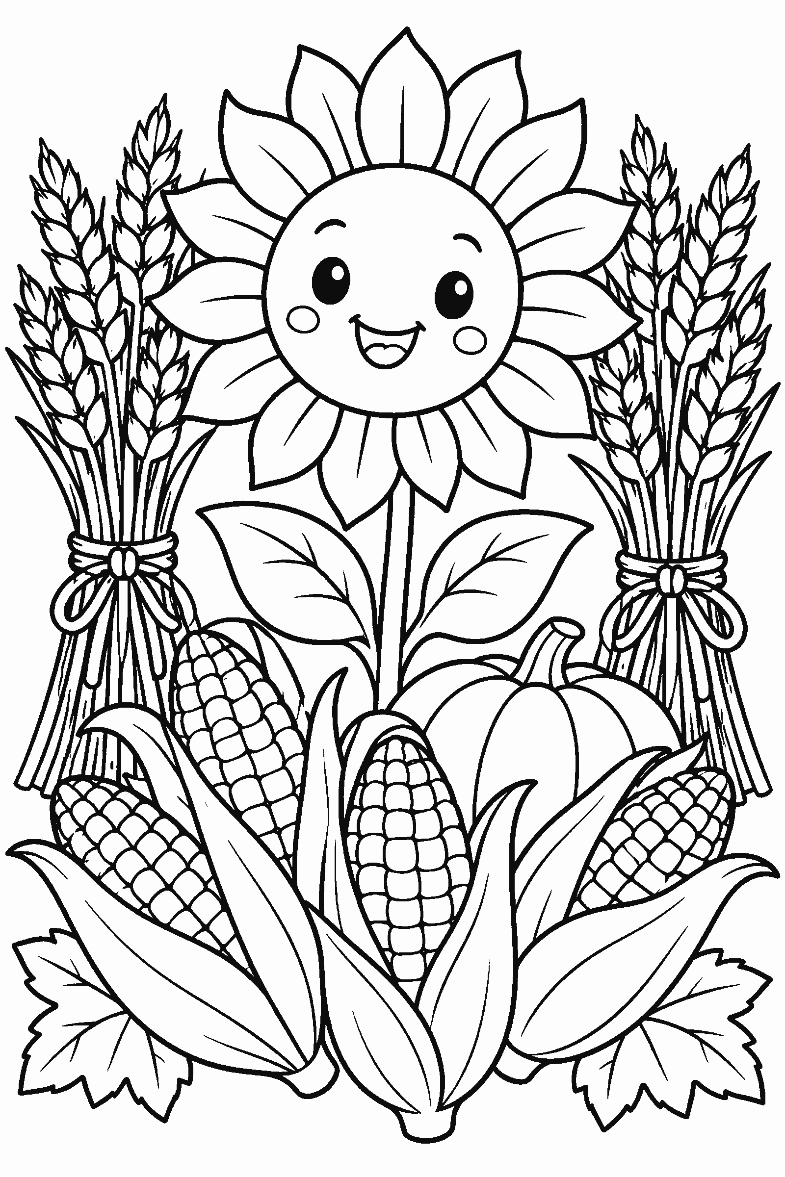 Coloring page of ears of corn, wheat bundles and a sunflower