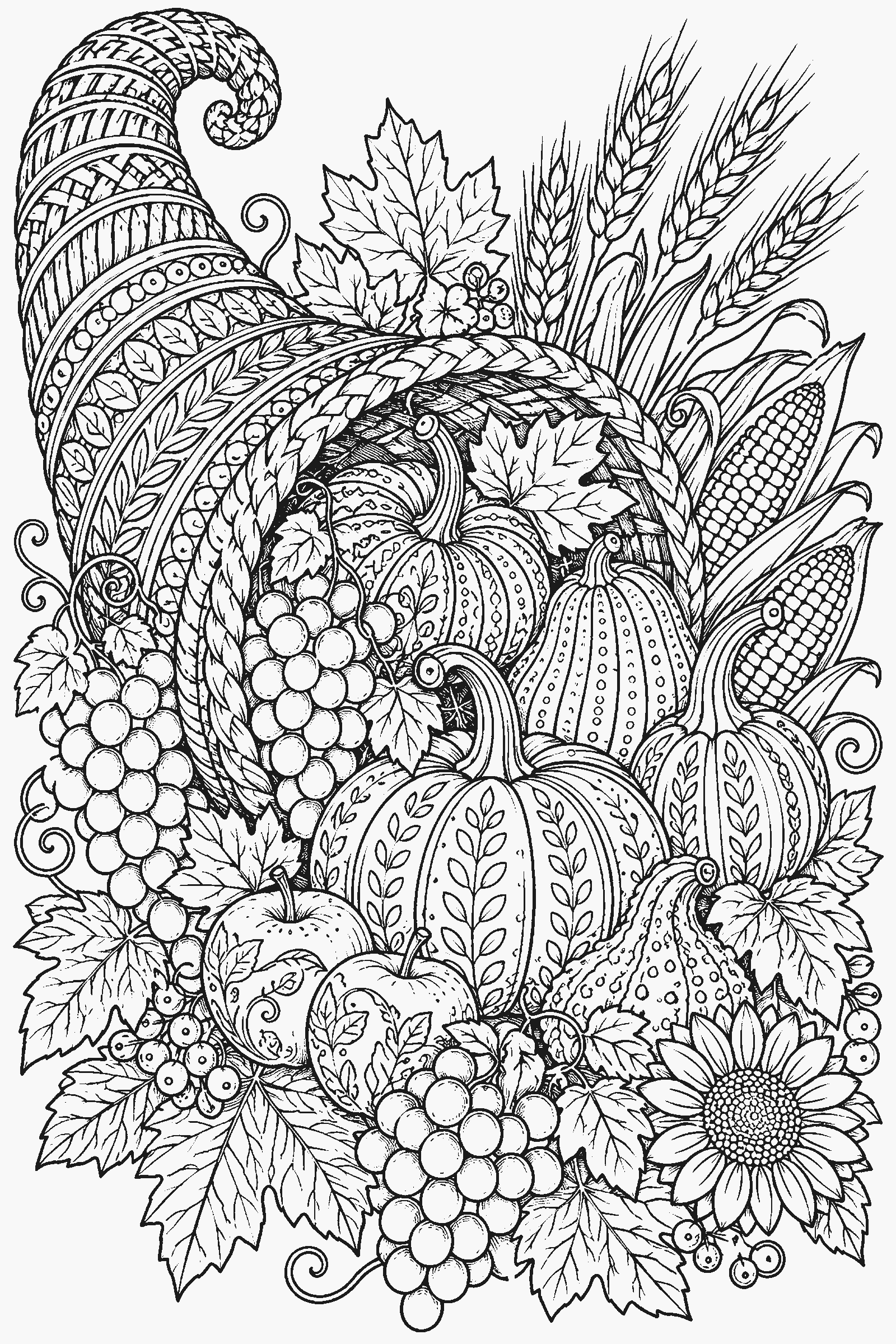 Detailed coloring page of an overflowing cornucopia with gourds, grapes, wheat and autumn leaves