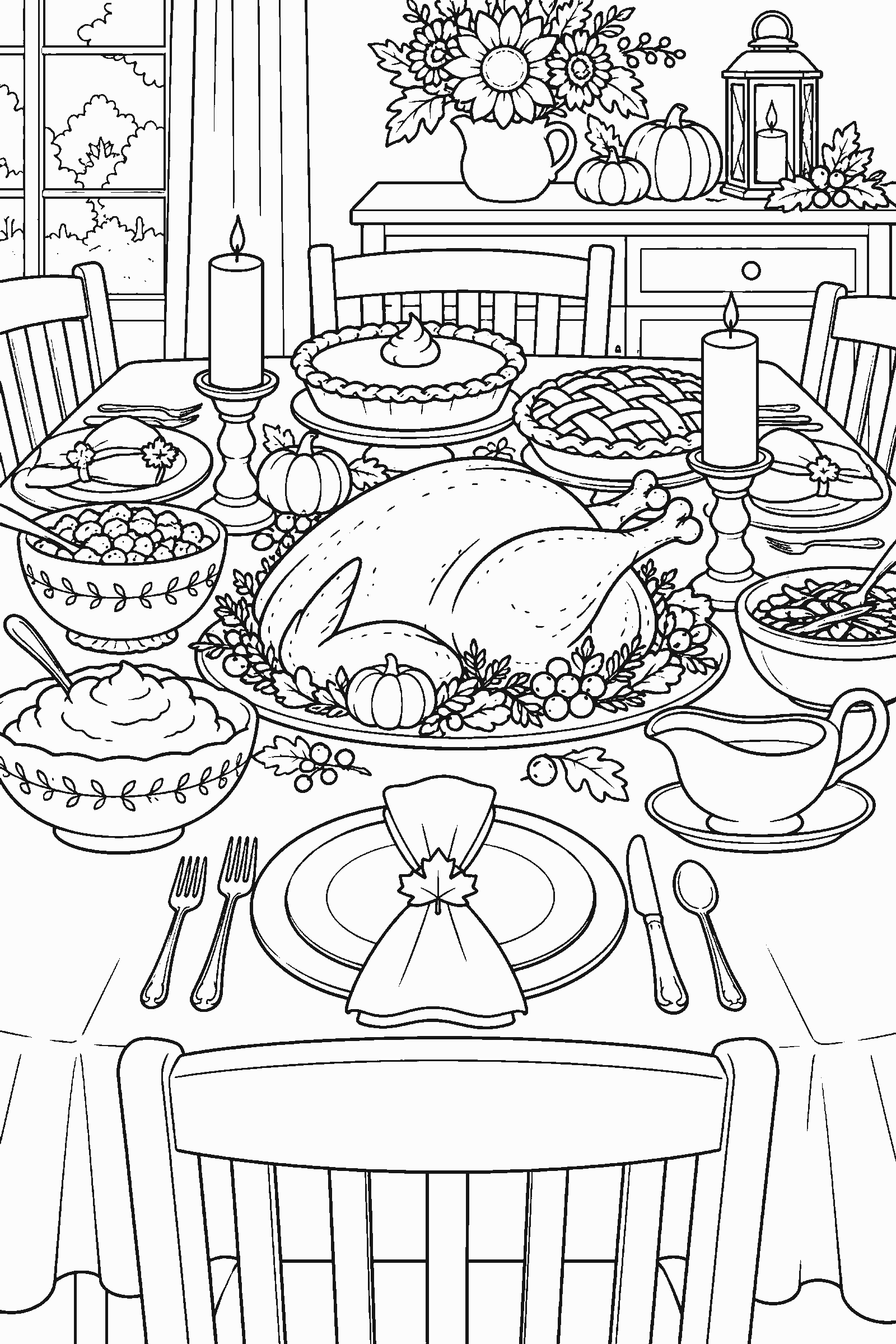 Coloring page of a Thanksgiving dinner table with a roast turkey, pies, candles and plates