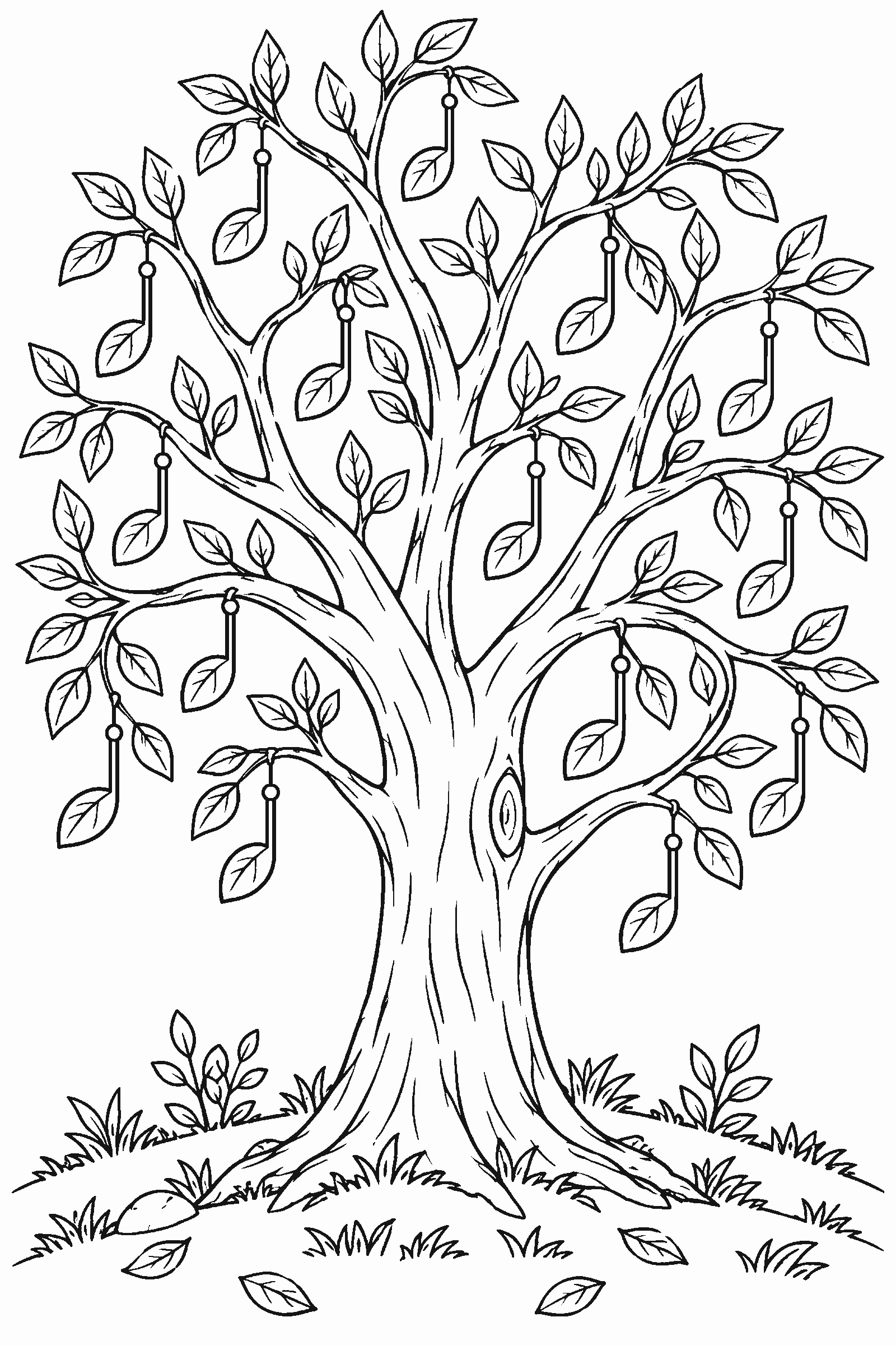 Coloring page of a tree with leaf-shaped notes hanging from branches