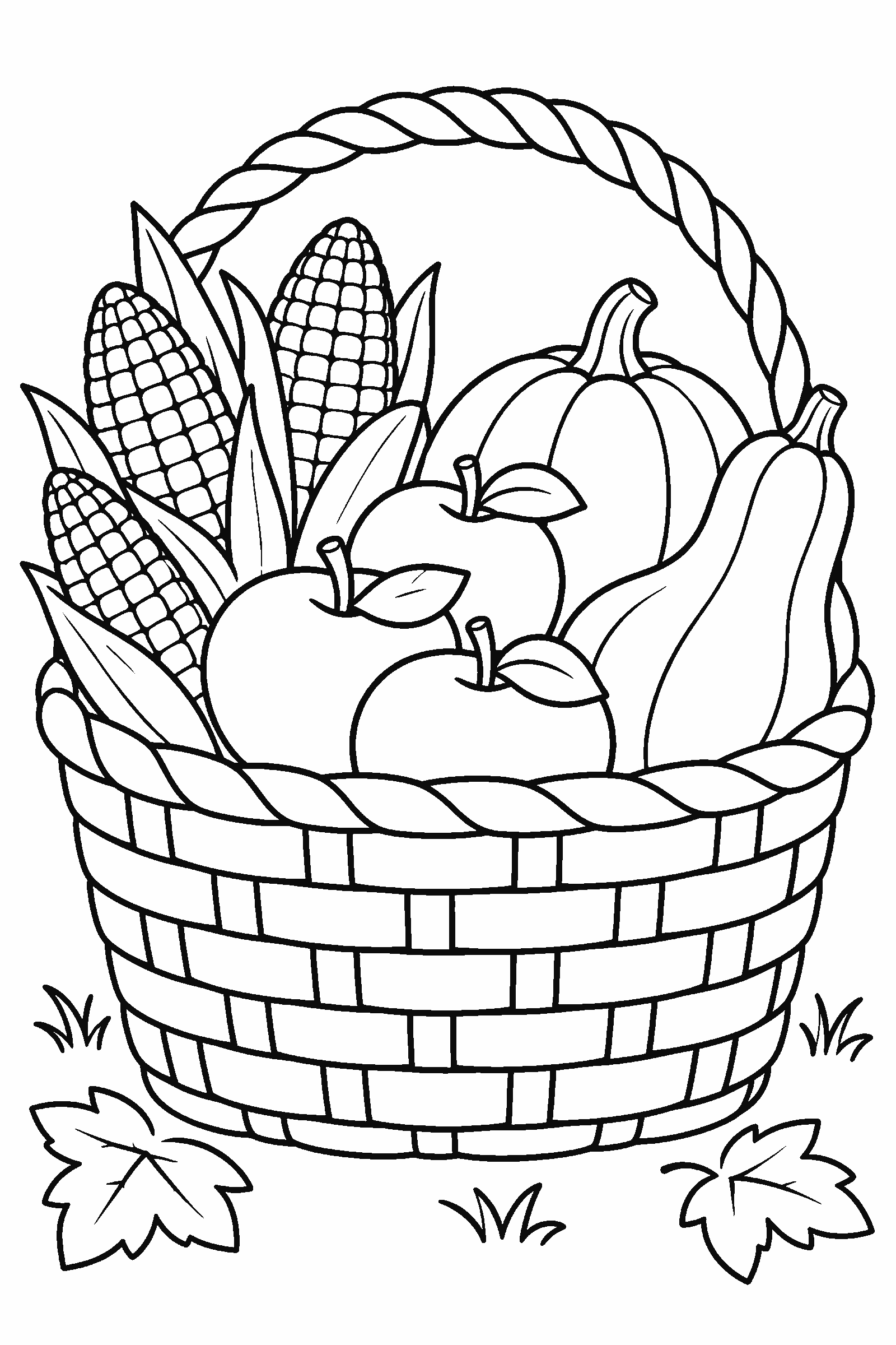 Coloring page of a harvest basket with corn, apples and squash