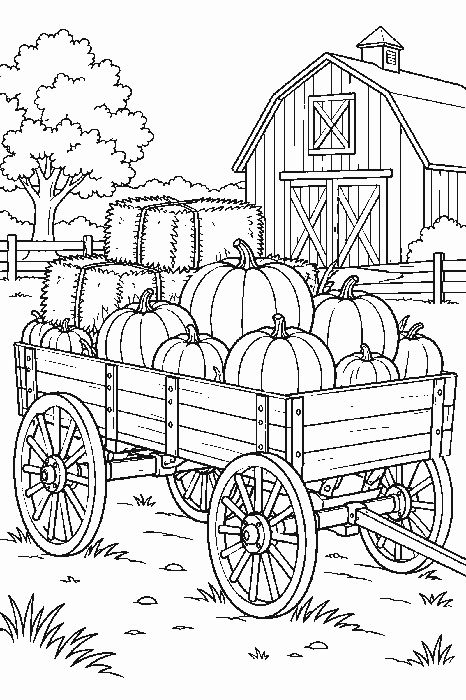 Coloring page of a farm wagon loaded with pumpkins and hay bales in front of a barn
