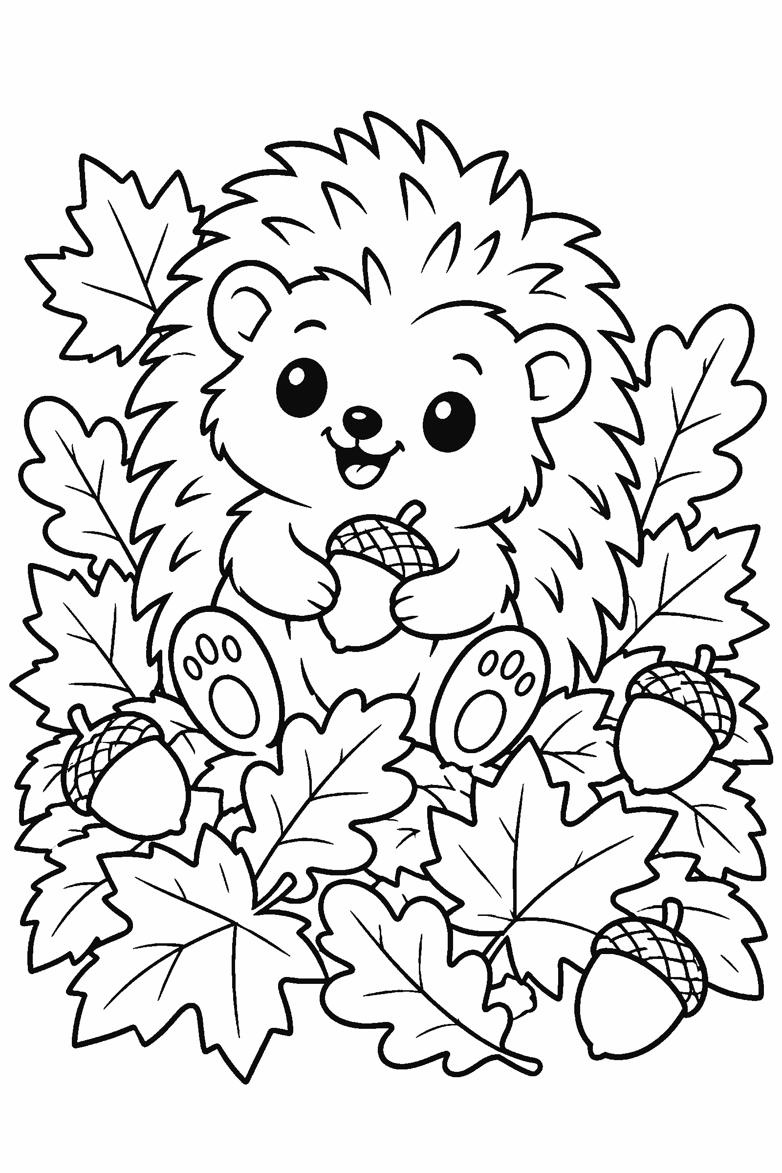 Coloring page of a hedgehog in a pile of autumn leaves with acorns