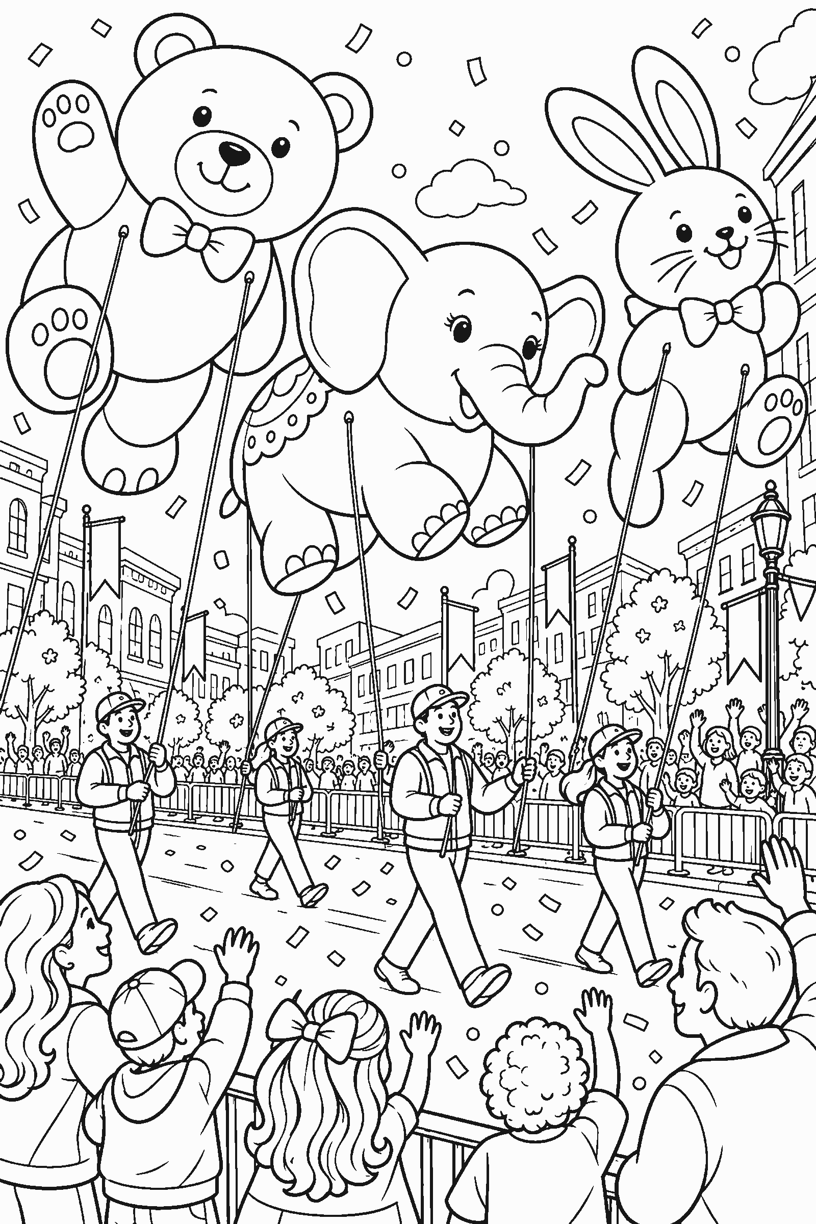 Coloring page of a parade with big animal balloons