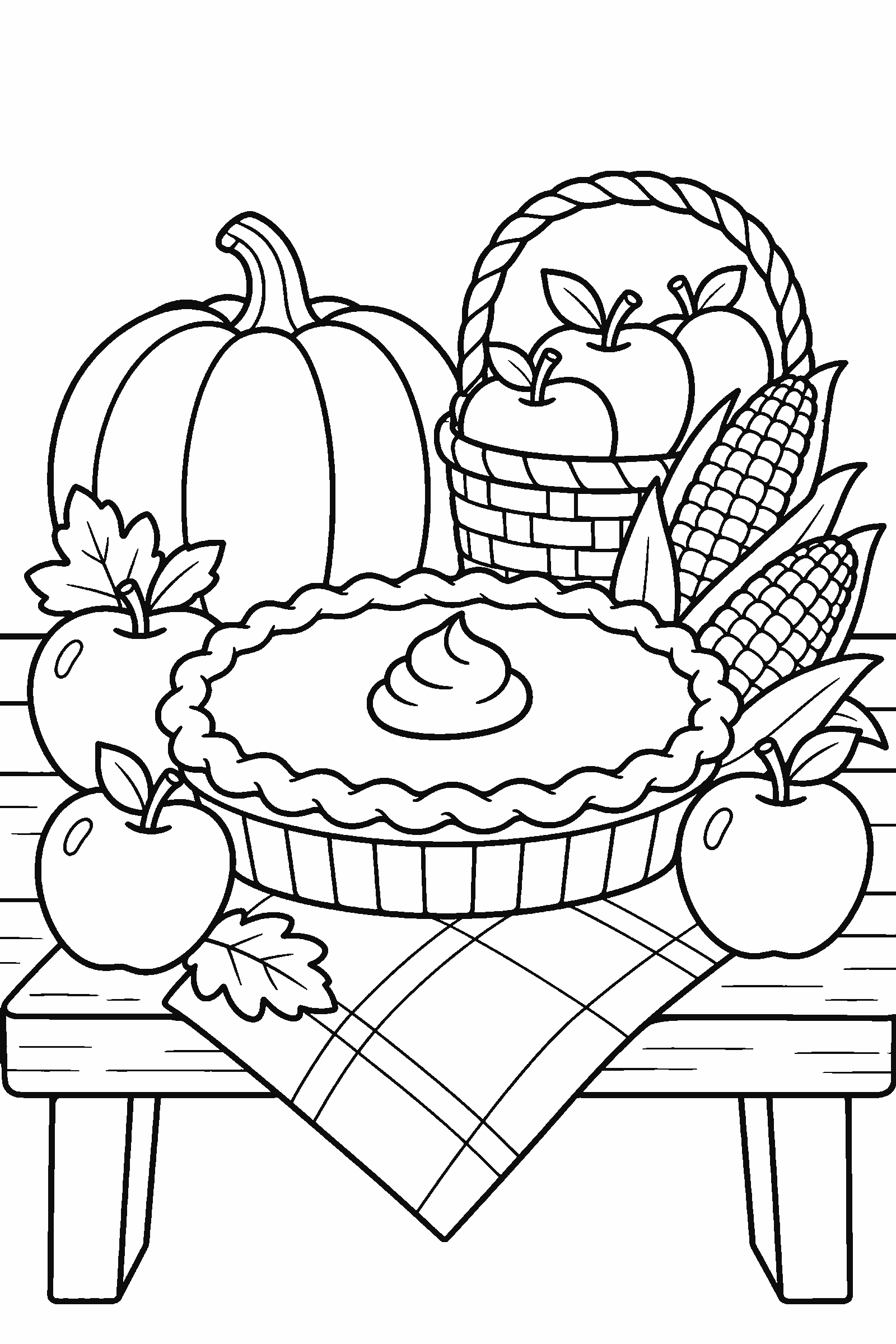 Coloring page of a pumpkin pie with apples, corn and a little basket on a table