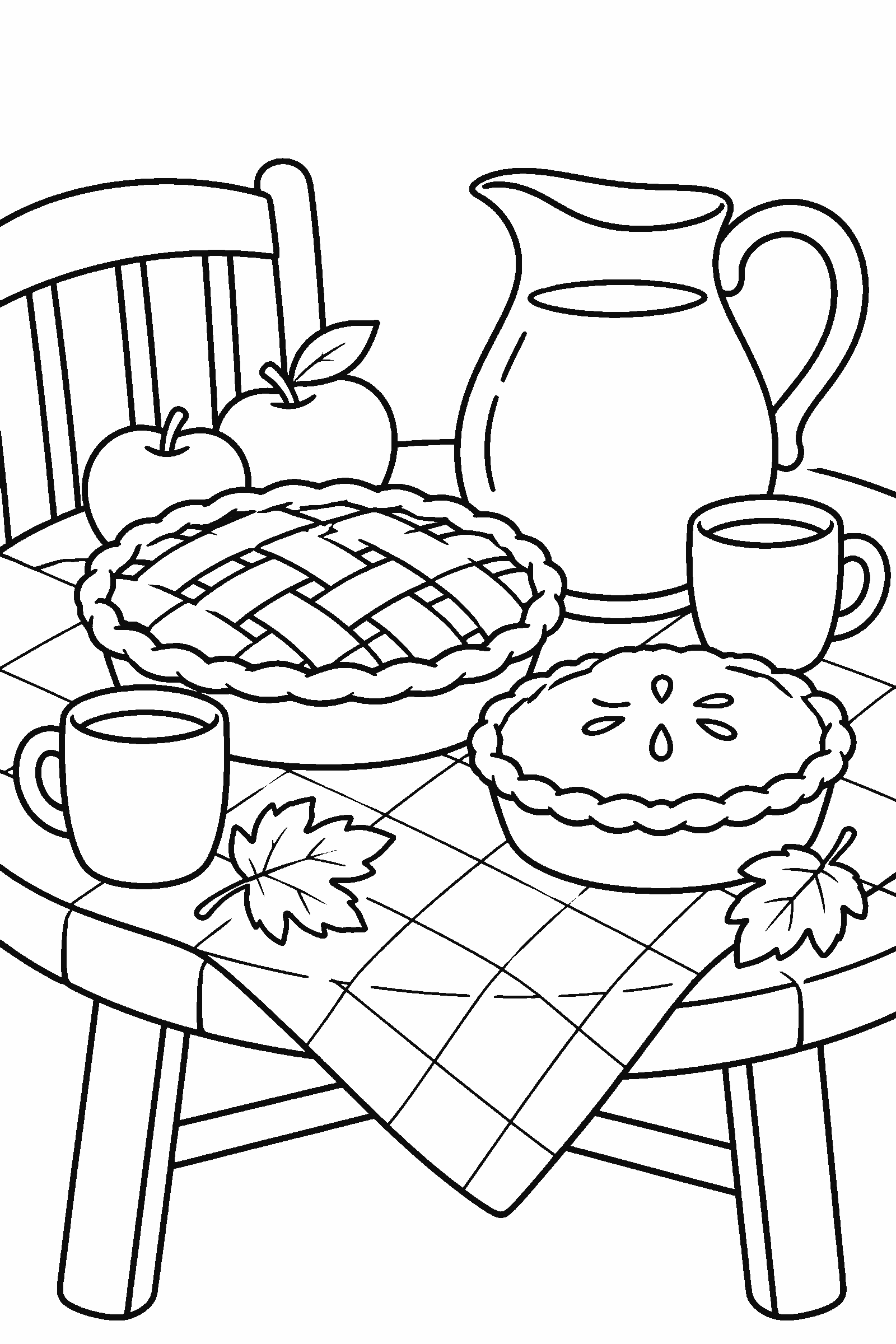 Coloring page of a table with pies and a pitcher of cider