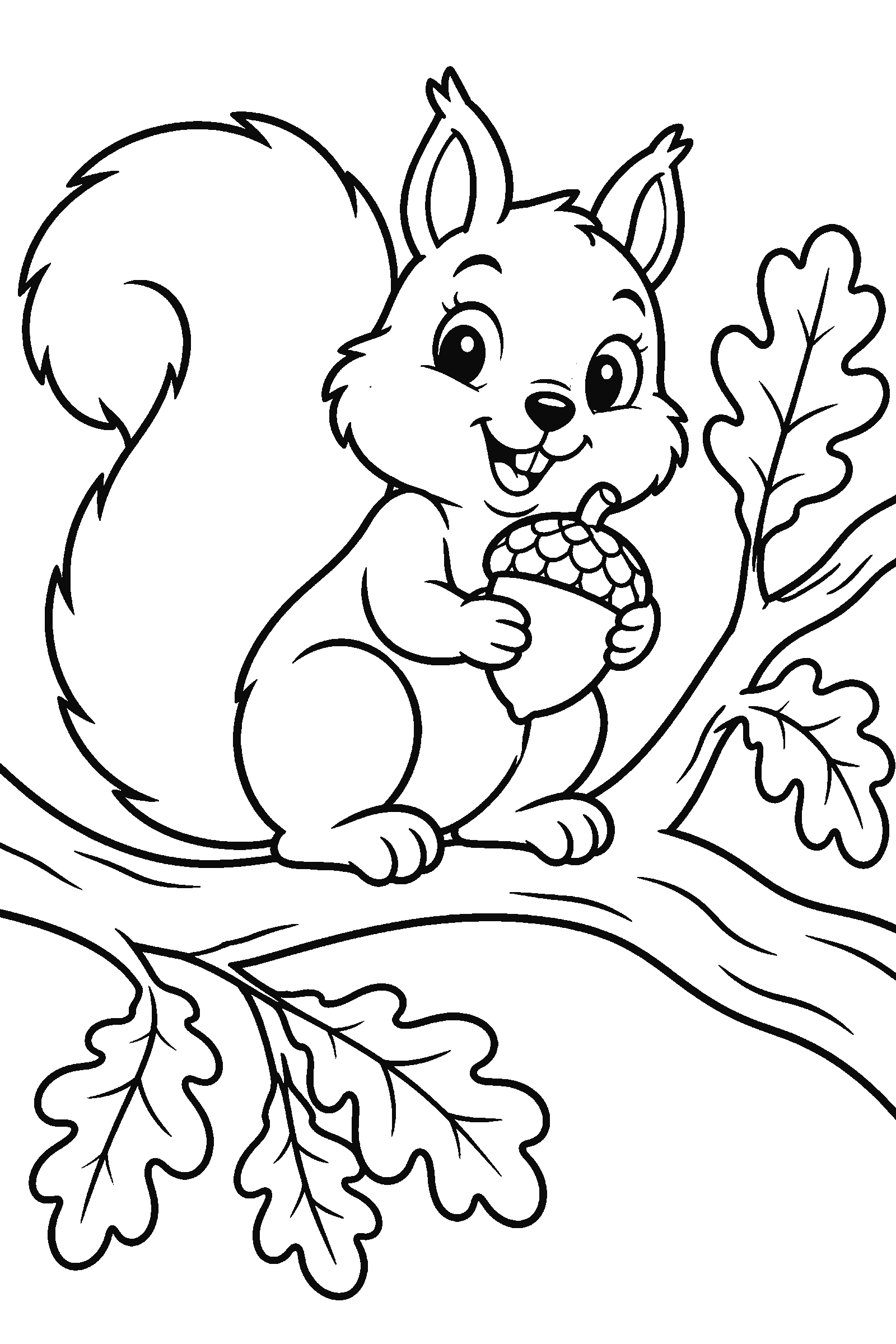 Coloring page of a squirrel holding an acorn on a branch with oak leaves