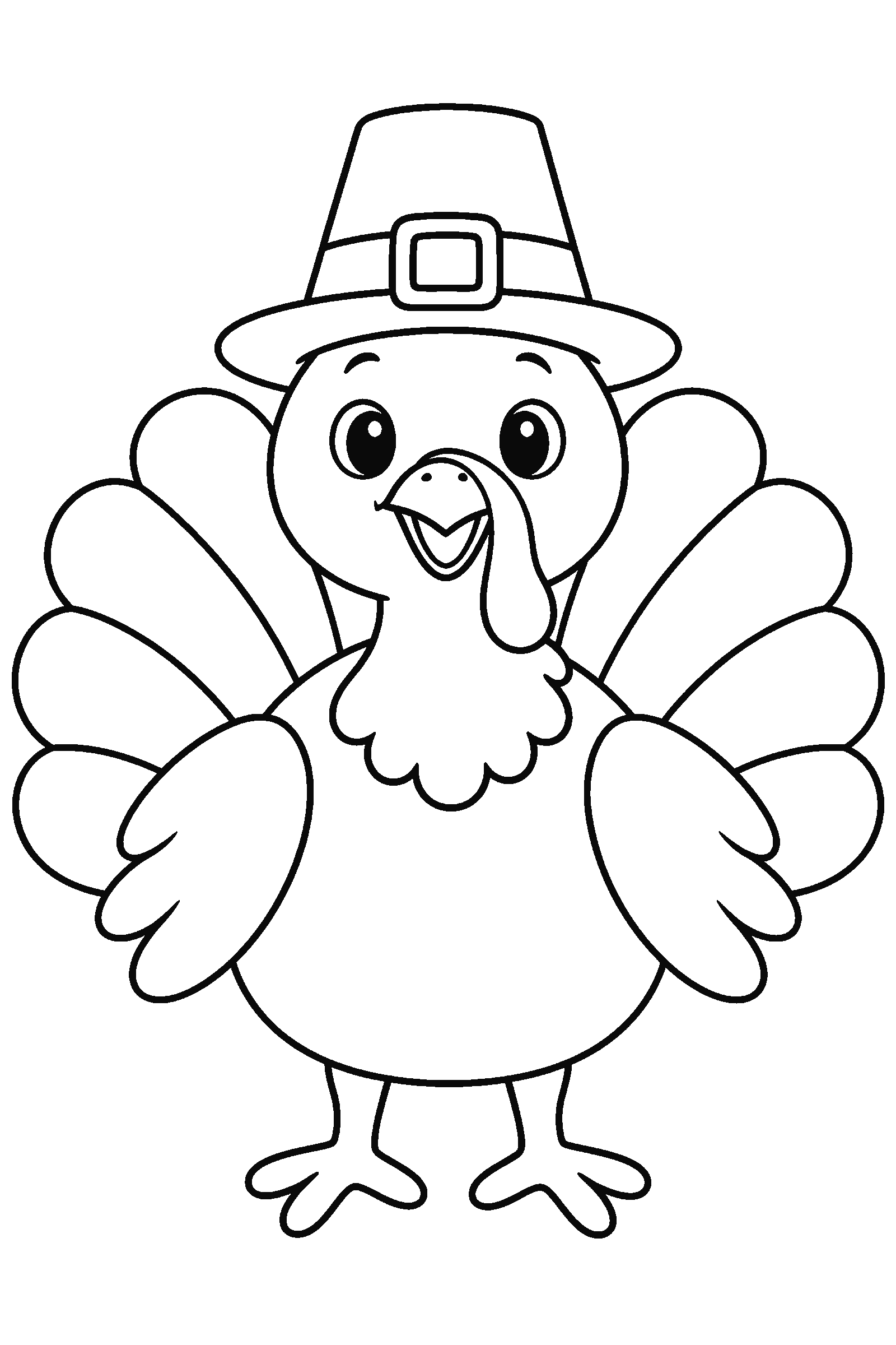 Coloring page of a cute turkey wearing a pilgrim-style hat