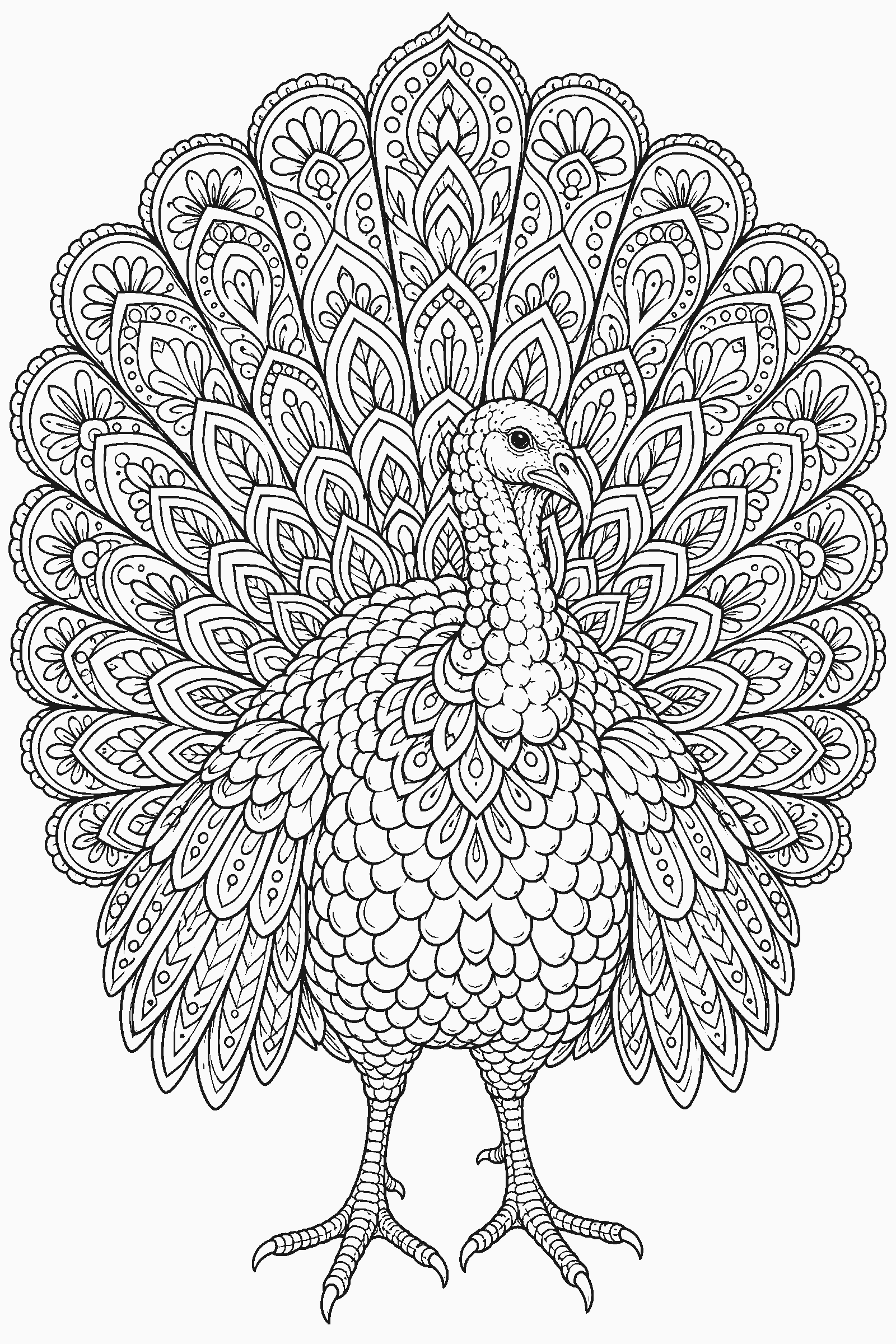 Detailed coloring page of a turkey whose tail feathers form an intricate mandala
