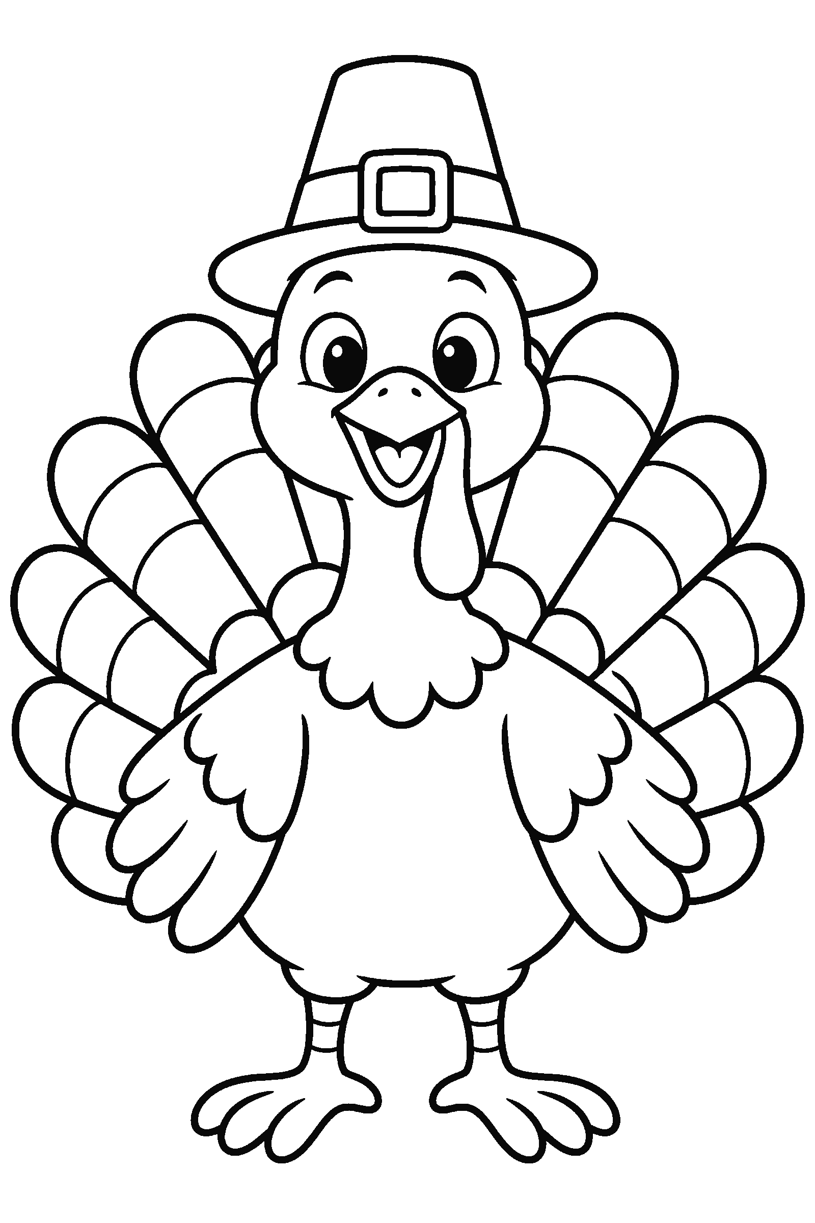 Coloring page of a happy turkey with big fan tail feathers wearing a pilgrim hat