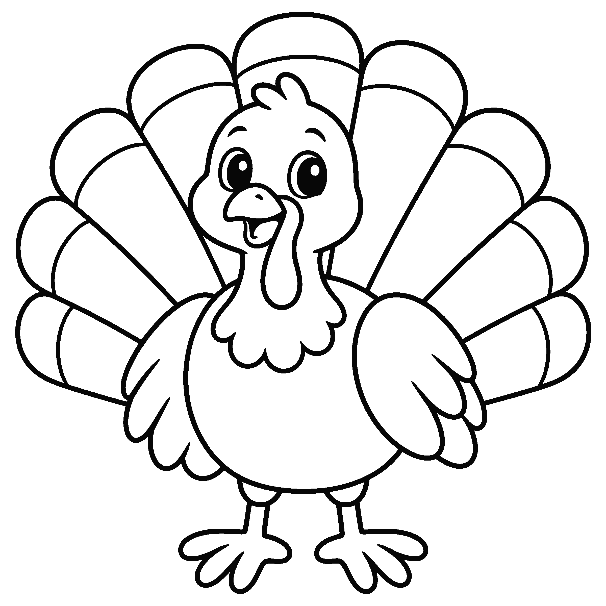 Coloring page of a happy cartoon turkey with a big fan tail