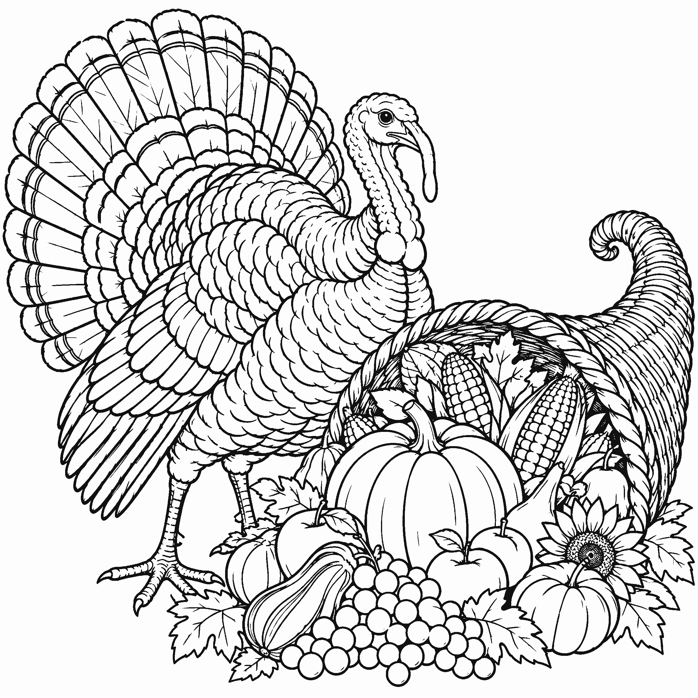 Coloring page of a turkey beside a cornucopia overflowing with fruit and vegetables
