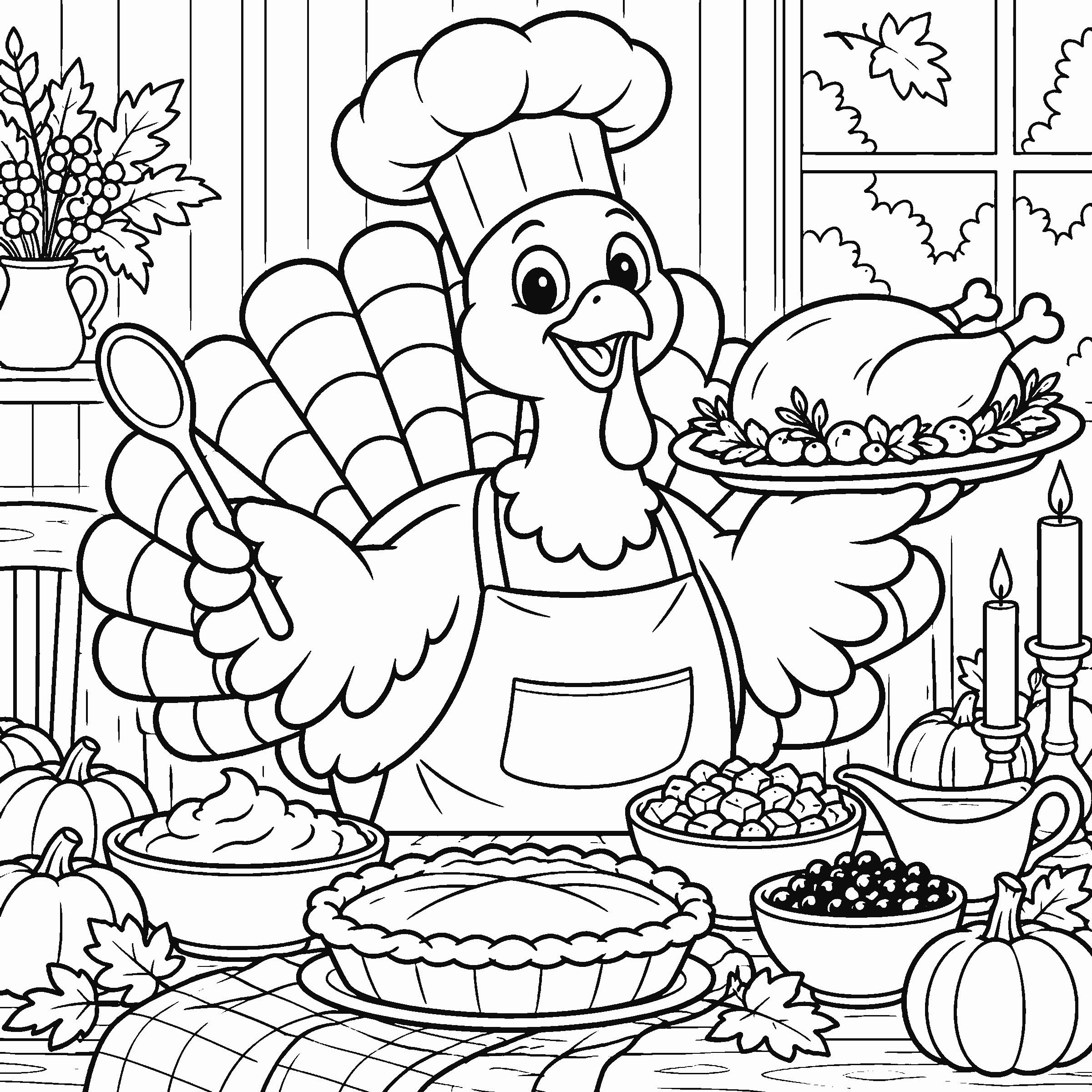 Coloring page of a cute turkey chef serving a Thanksgiving feast