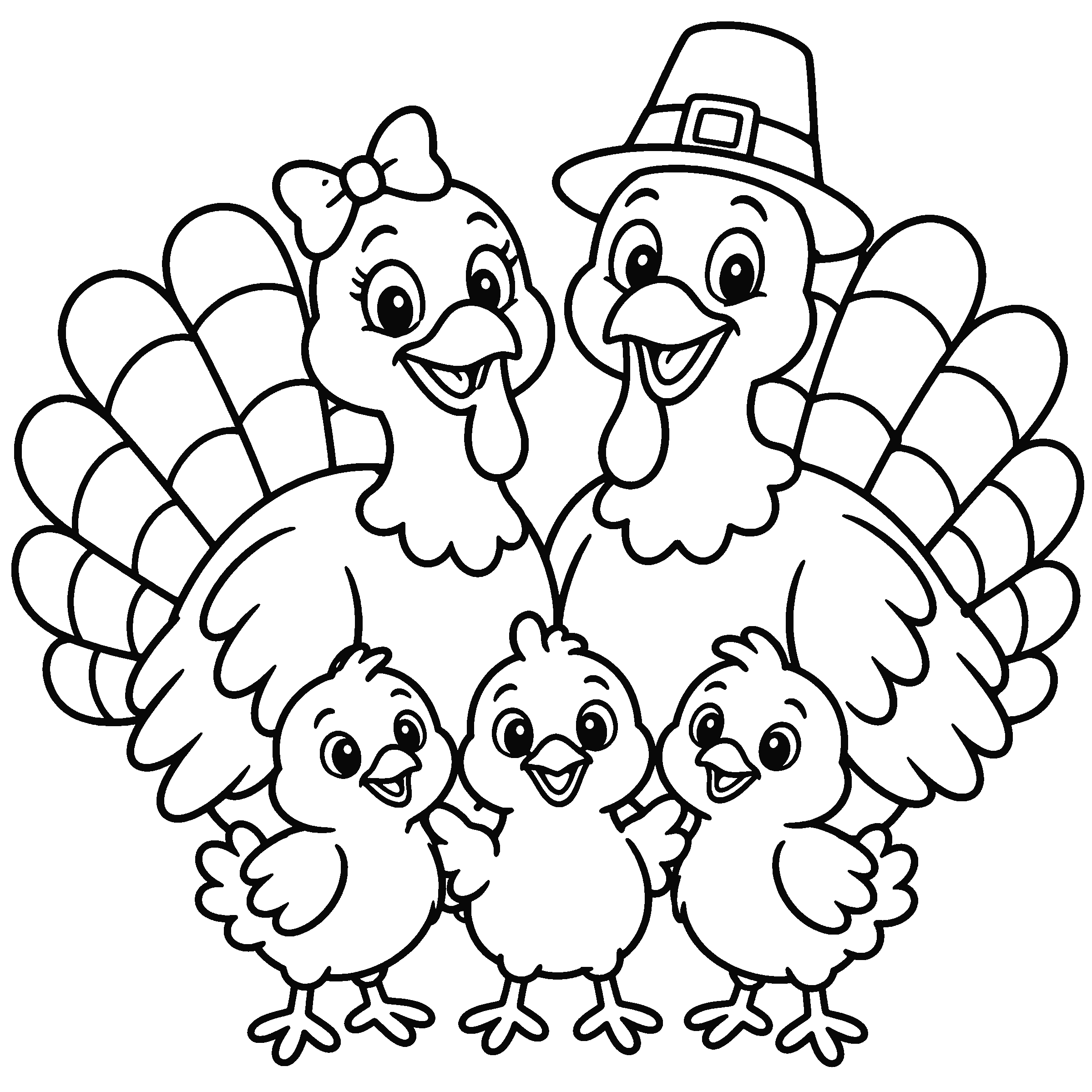 Coloring page of a turkey family with a mom, a dad and three chicks