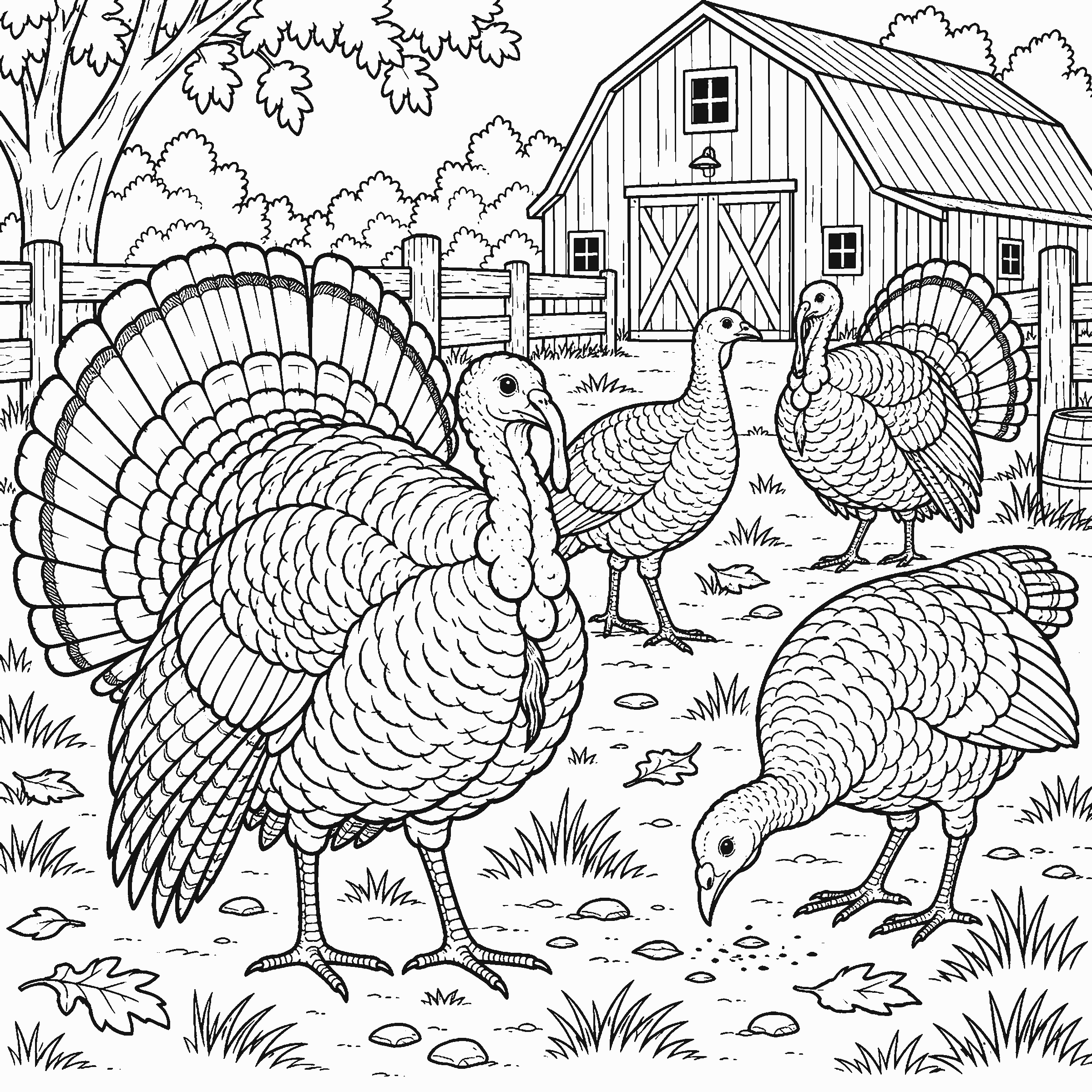 Coloring page of turkeys in a farmyard with a barn and a fence