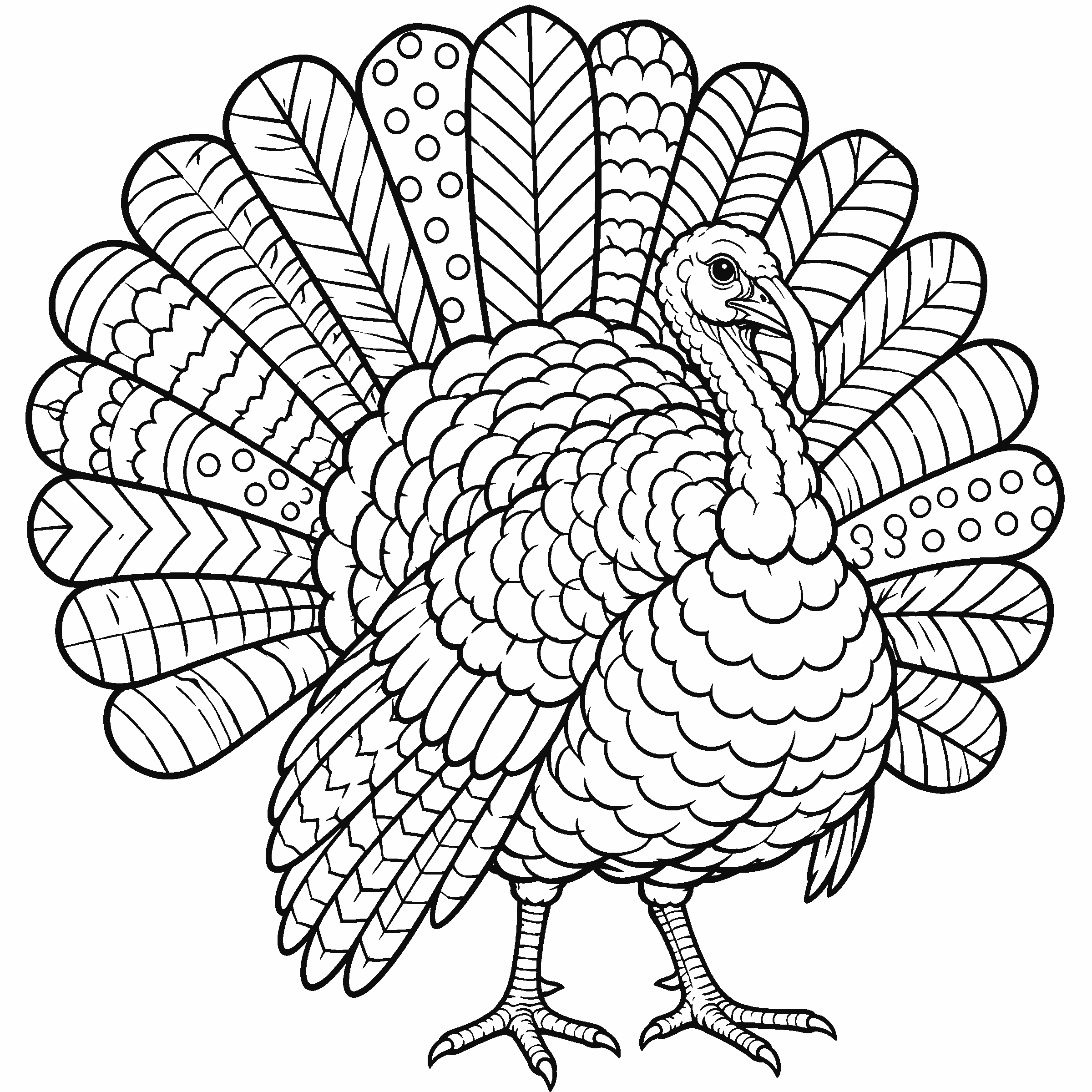 Coloring page of a turkey with big tail feathers, each with a different pattern