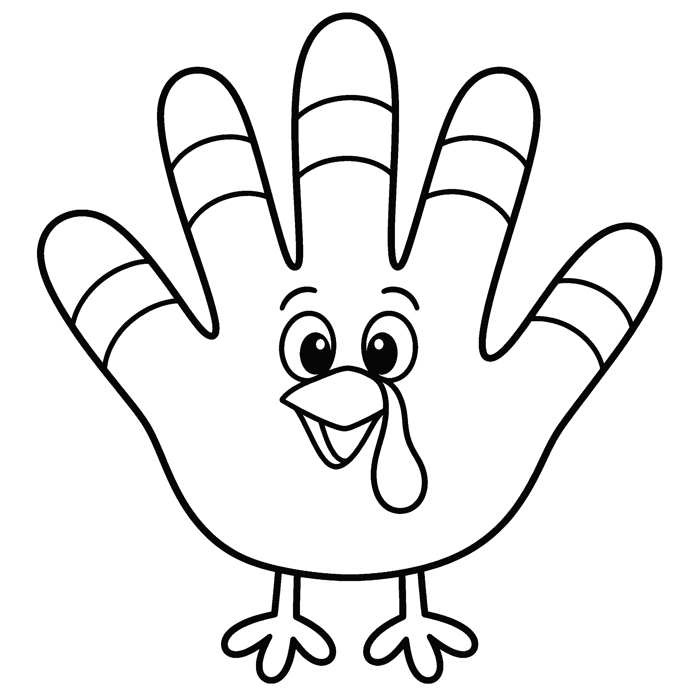 Coloring page of a handprint turkey whose fingers are the tail feathers