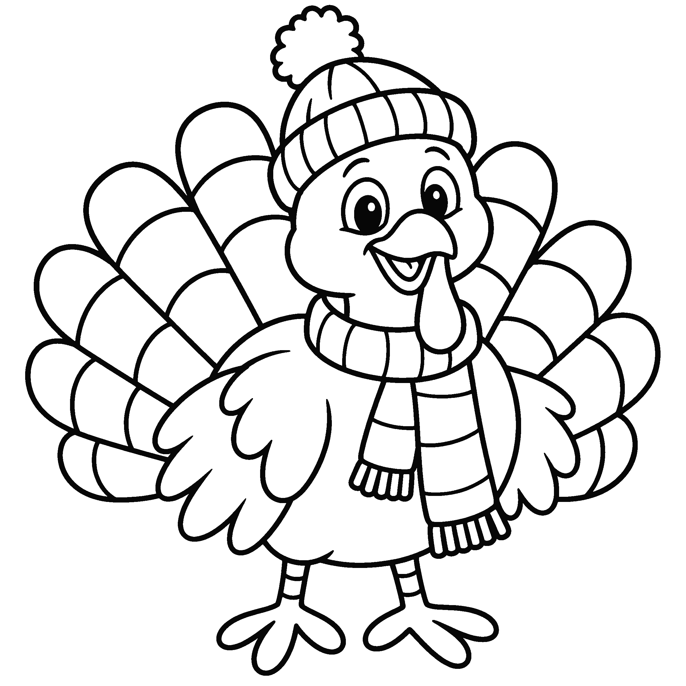Coloring page of a turkey wearing a knit hat and scarf