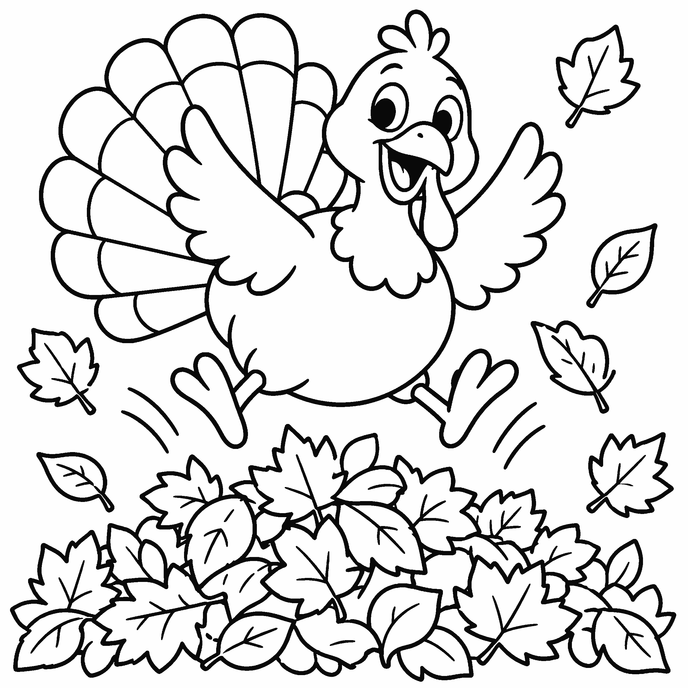 Coloring page of a turkey jumping in a pile of autumn leaves