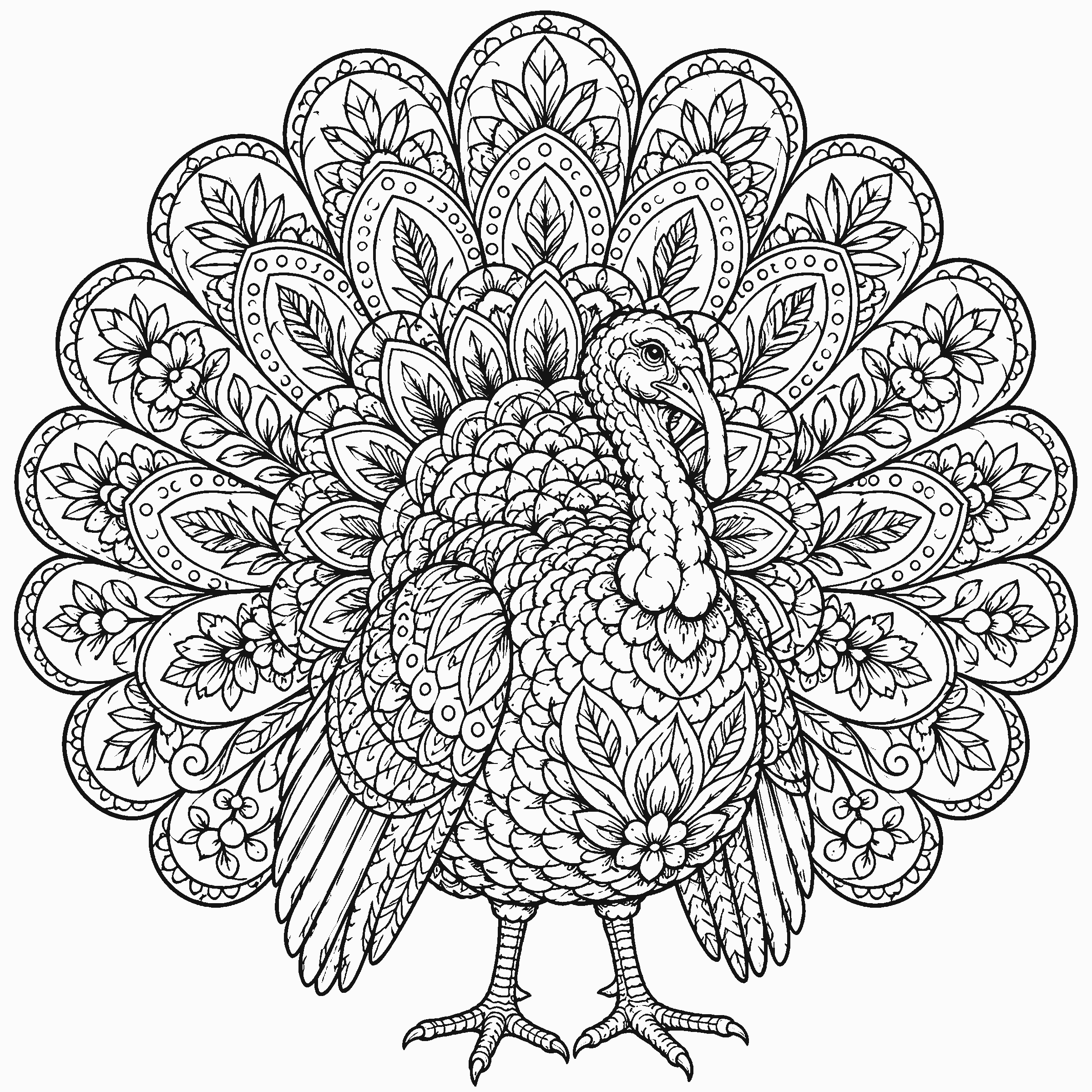 Coloring page of a turkey whose tail is a large round floral mandala