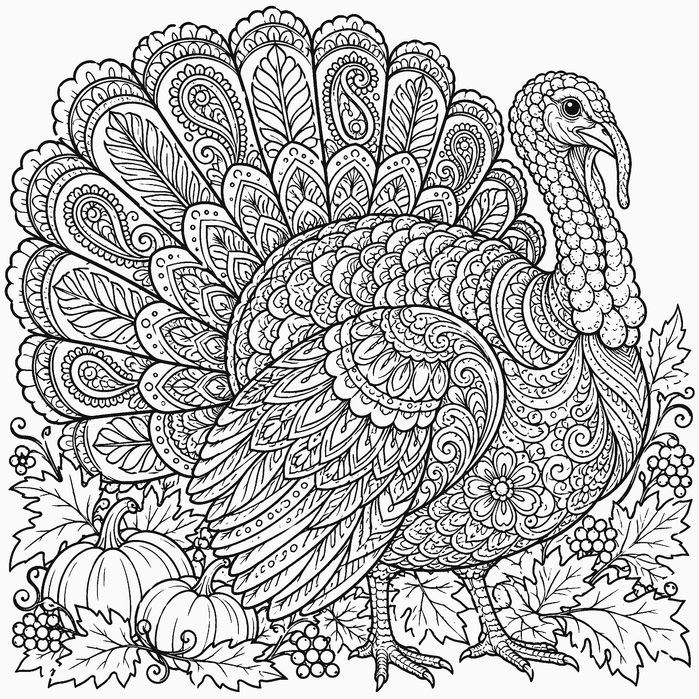 Coloring page of an ornate turkey with paisley feathers and autumn leaves