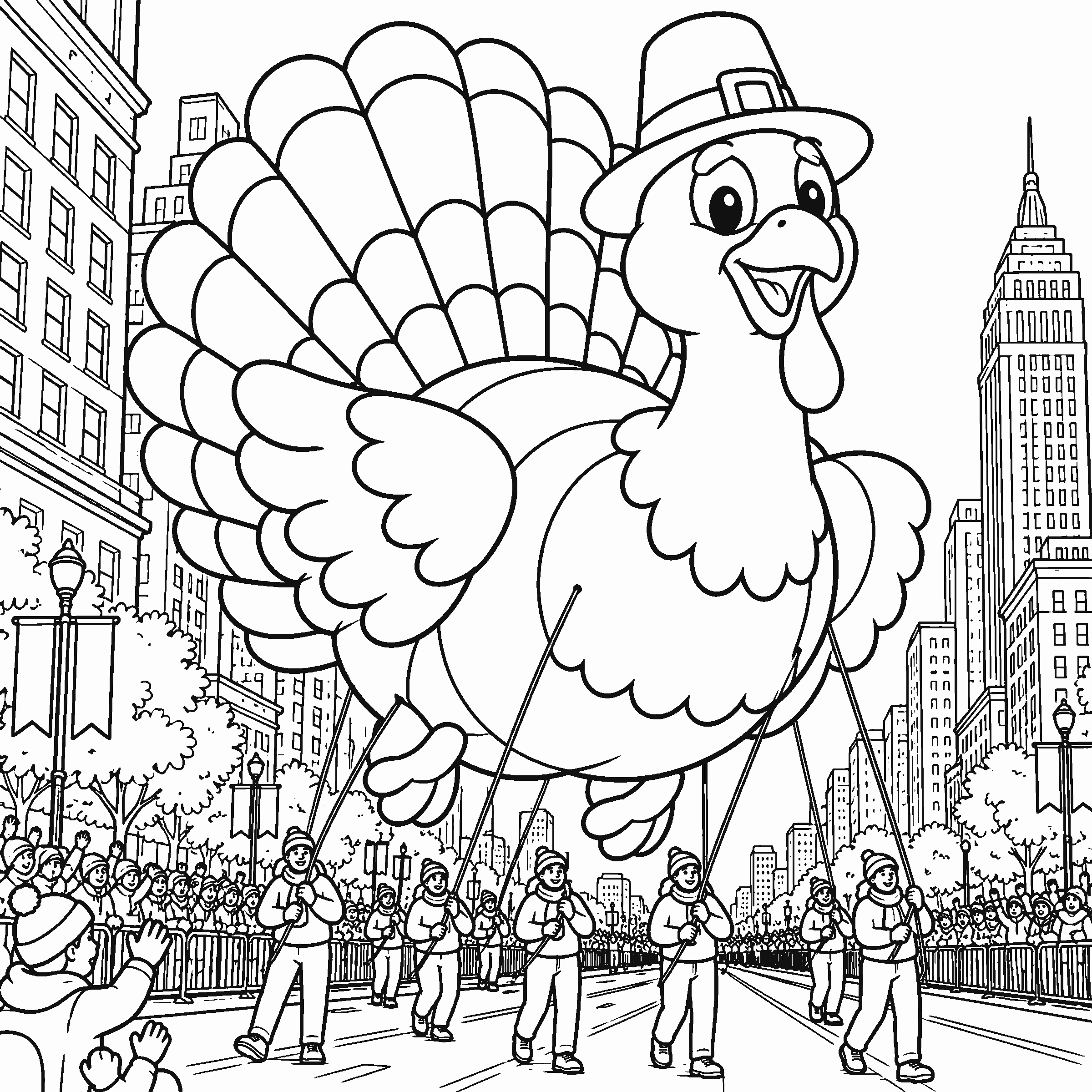 Coloring page of a giant turkey balloon in a city parade