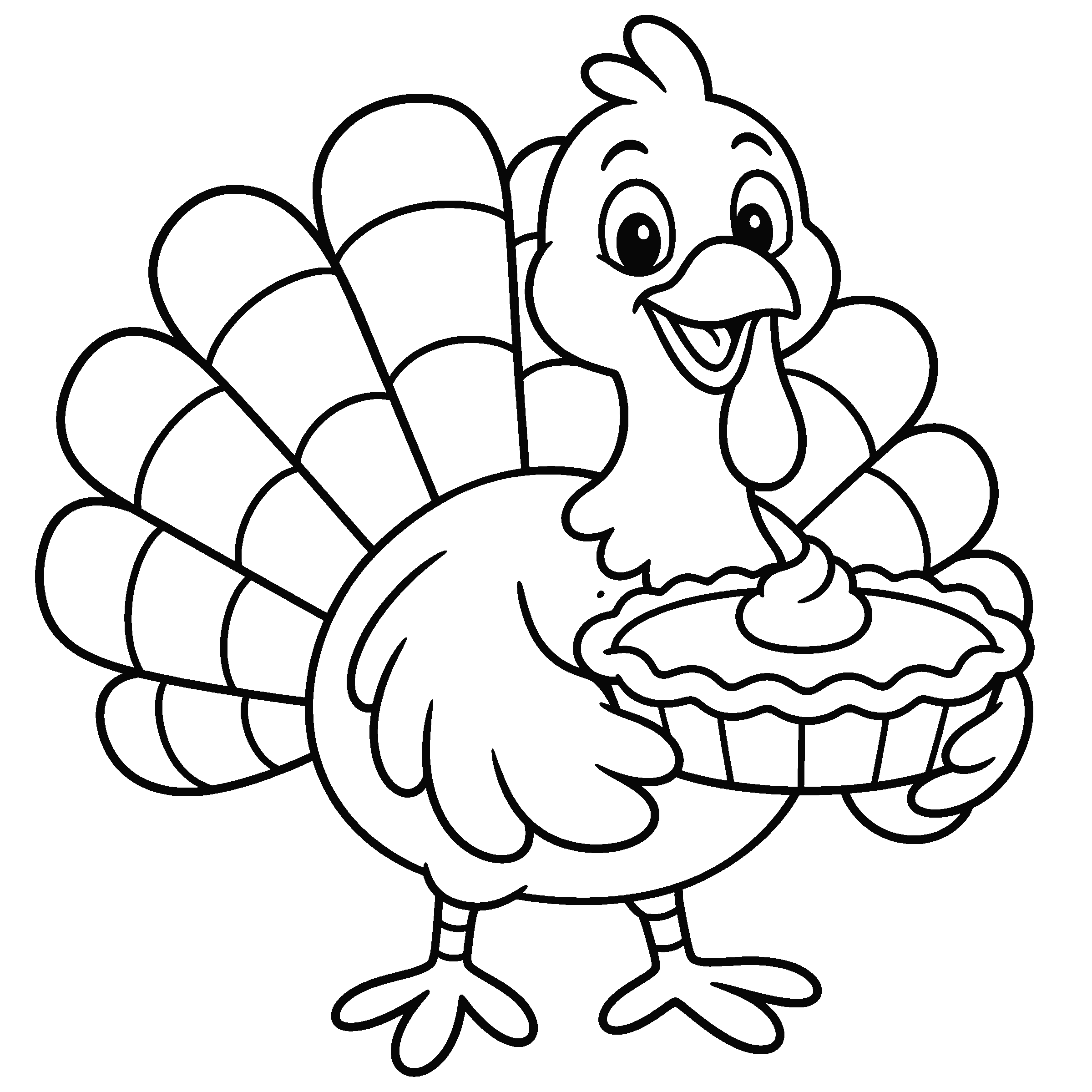 Coloring page of a turkey holding a pumpkin pie