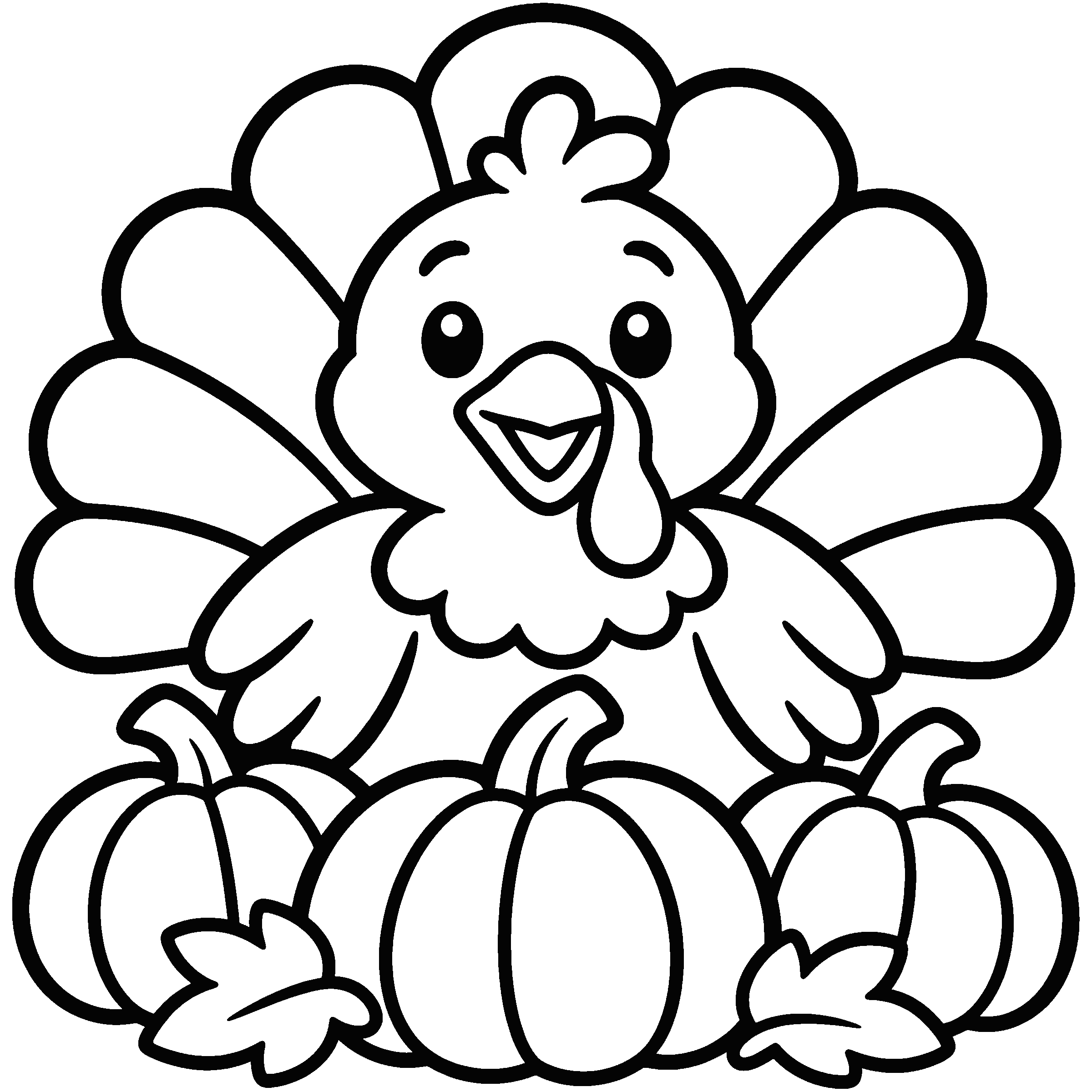Coloring page of a turkey sitting among pumpkins