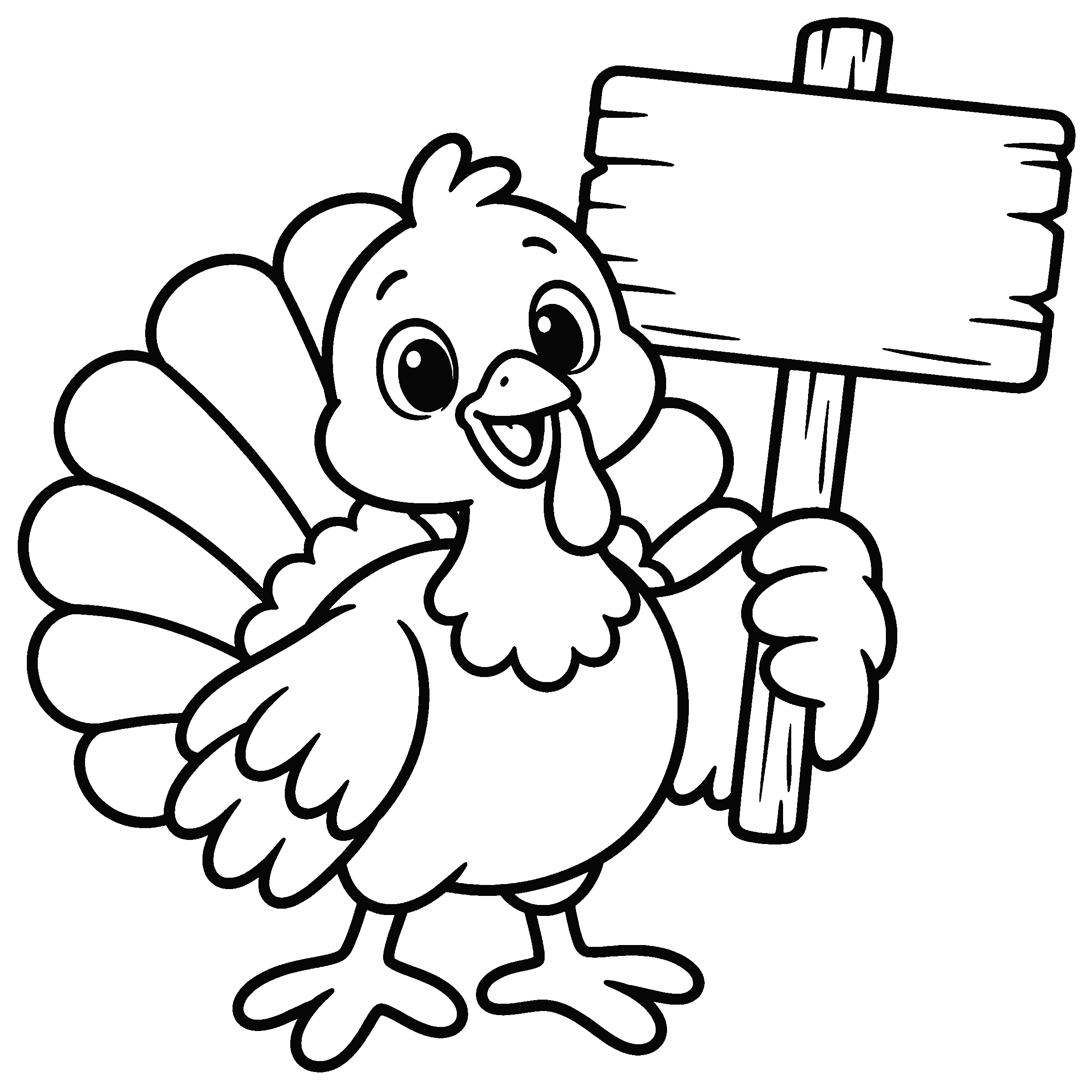 Coloring page of a turkey holding a blank wooden sign to write a name or a thankful note on