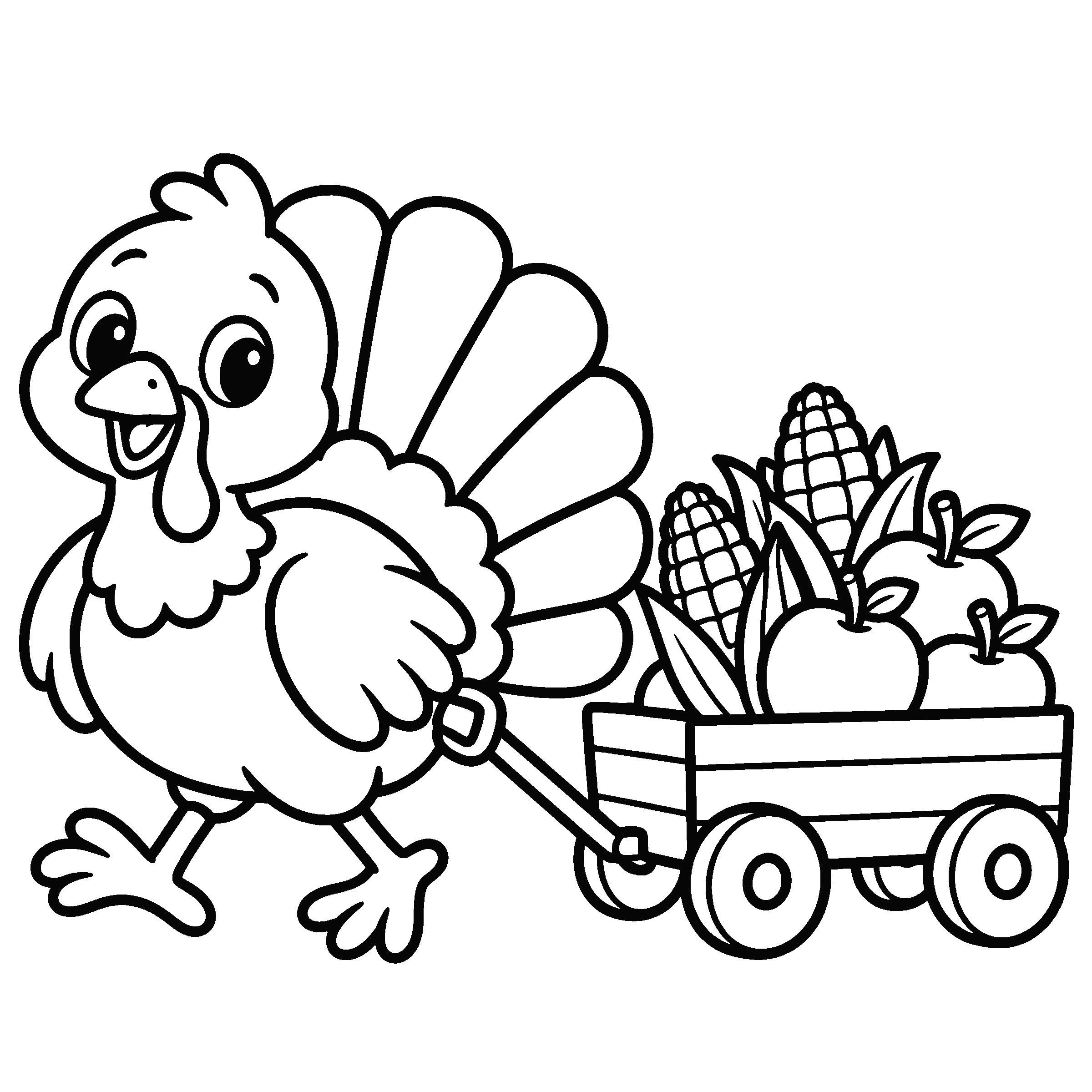 Coloring page of a turkey pulling a wagon of corn and apples