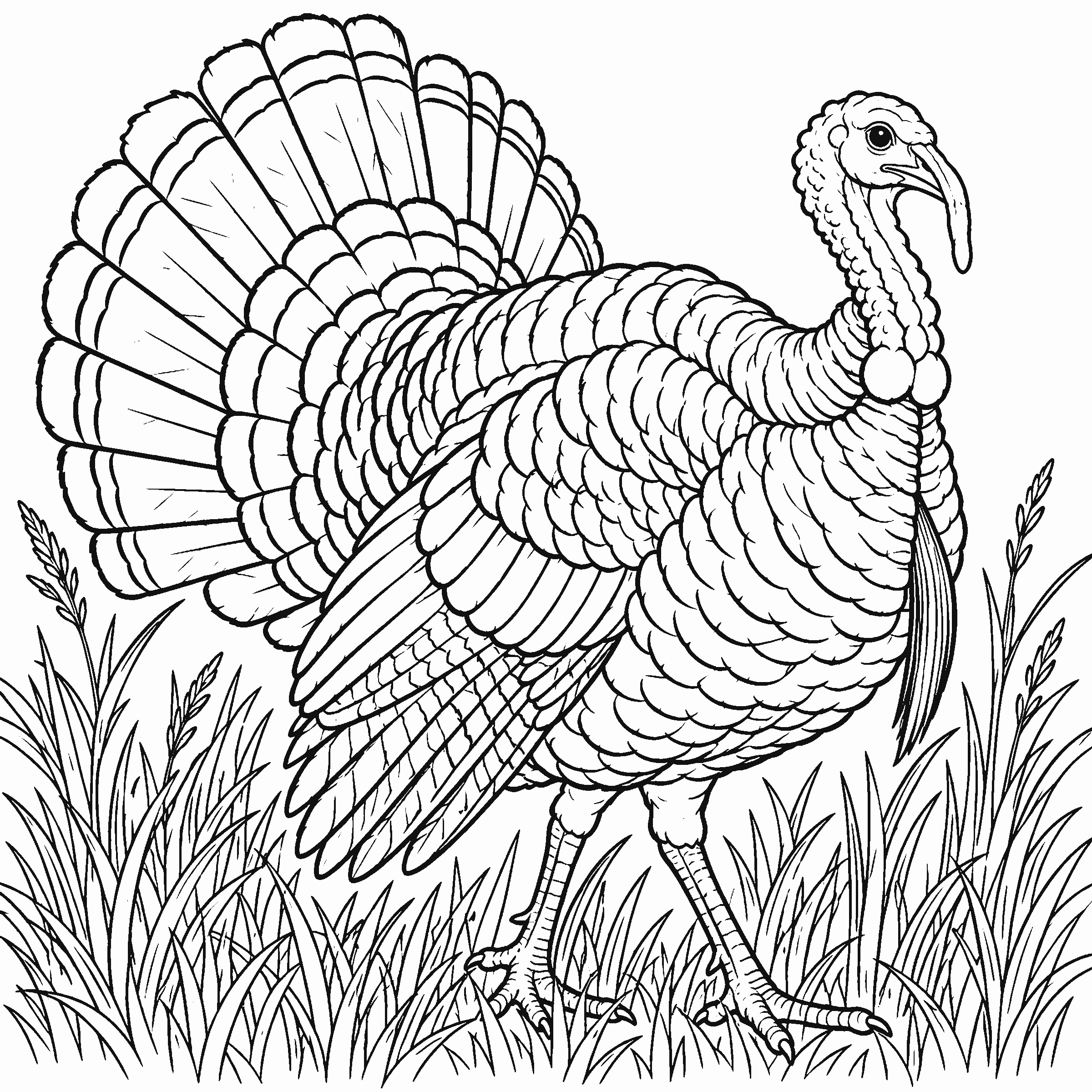 Coloring page of a realistic wild turkey strutting in tall grass