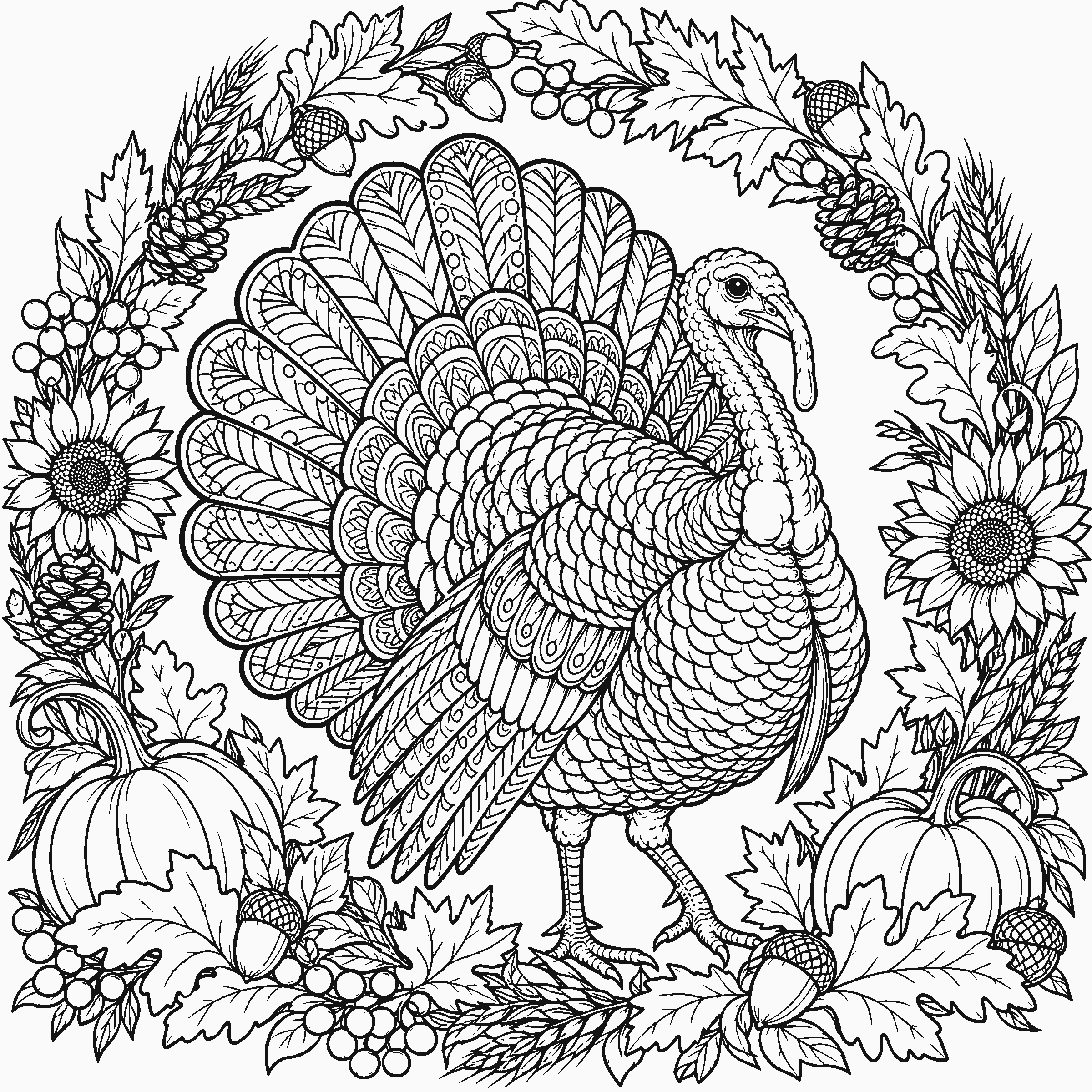 Coloring page of a turkey framed by a detailed autumn wreath