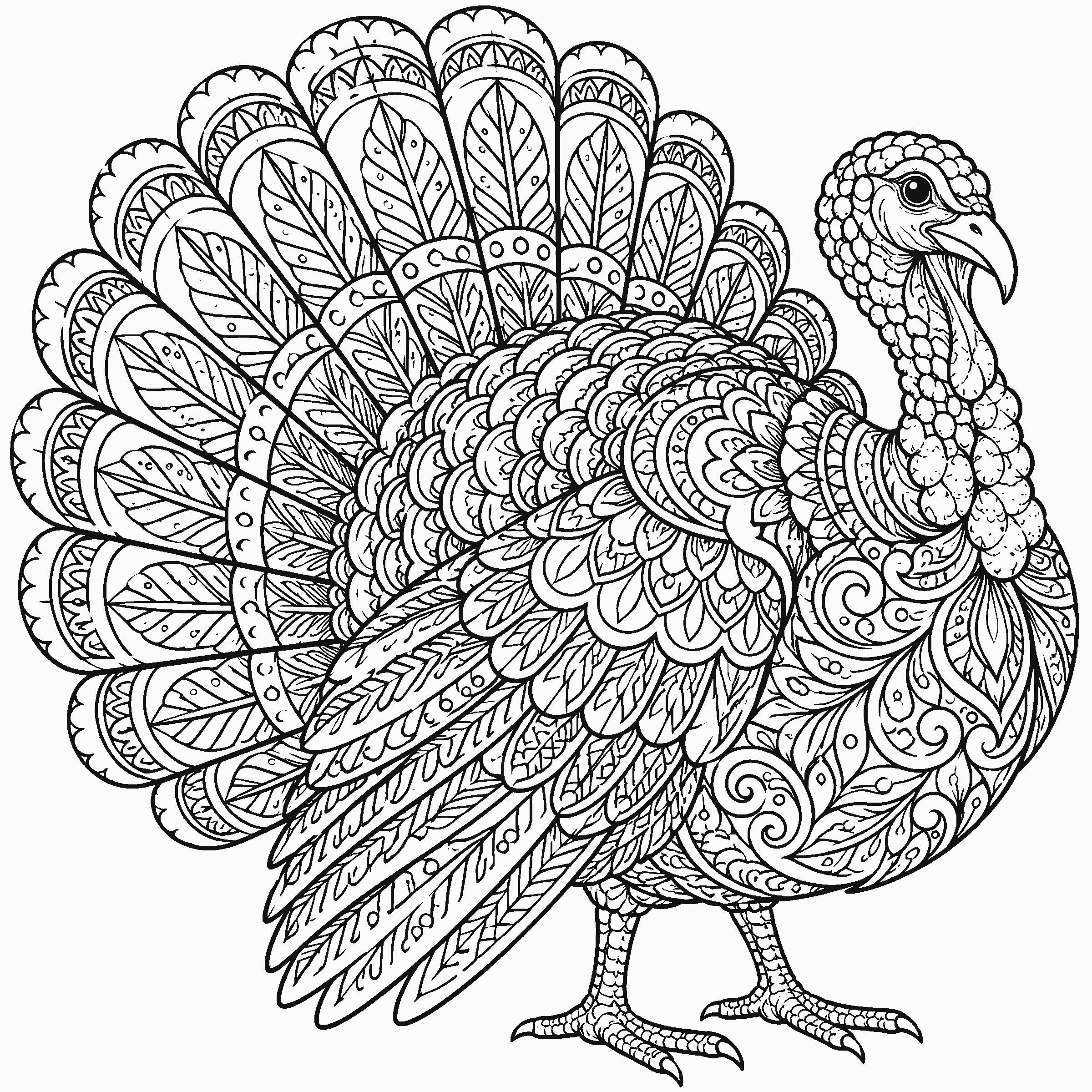 Coloring page of a turkey filled with zentangle patterns