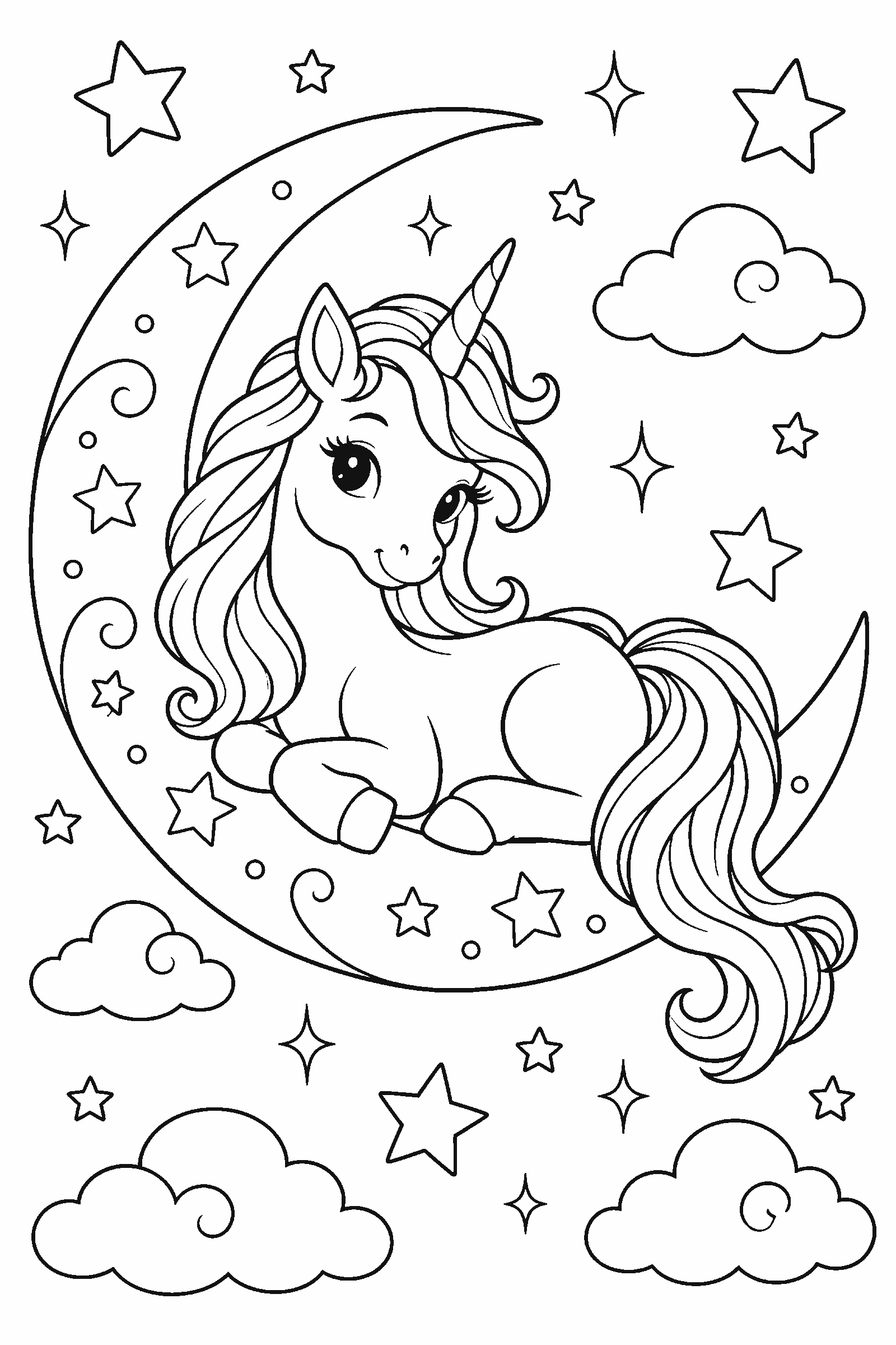 Coloring page of a unicorn on a crescent moon with stars