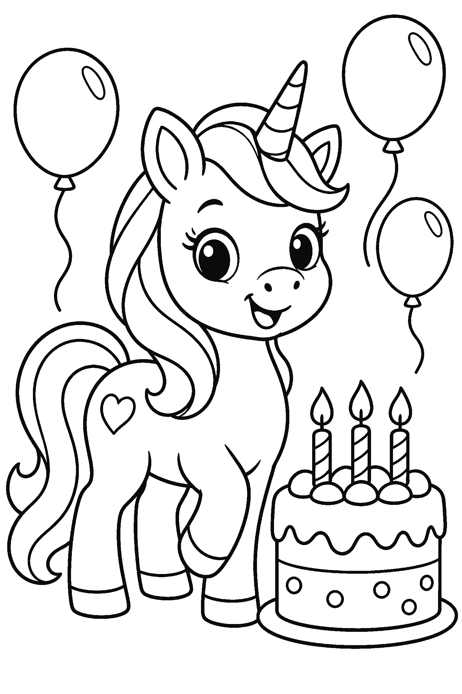 Coloring page of a unicorn with balloons and a birthday cake